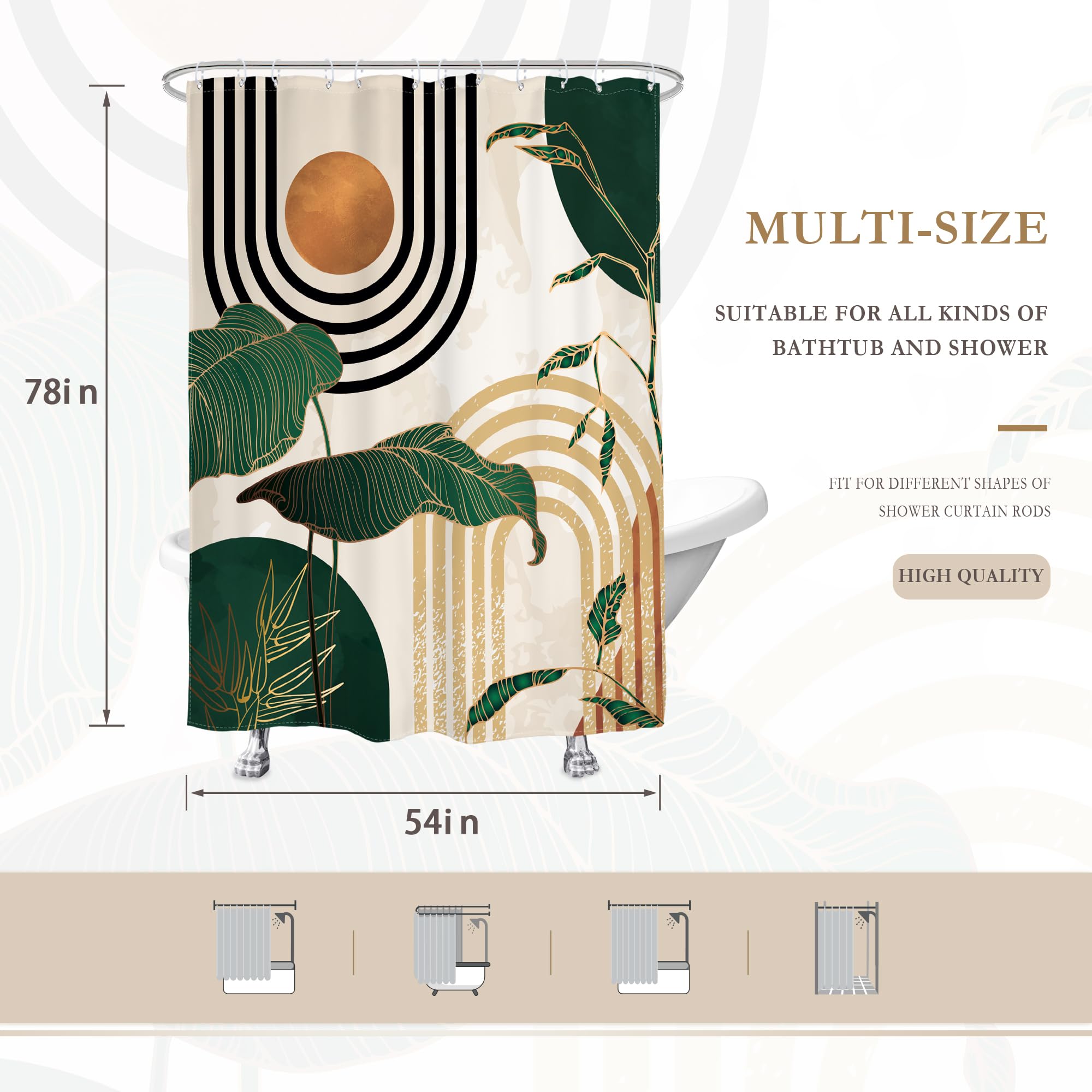 Glawry Boho Blue Green Shower Curtain Mid Century Abstract Tropical Palm Leaf Modern Minimalist Plant Botanical Bathroom Geometr