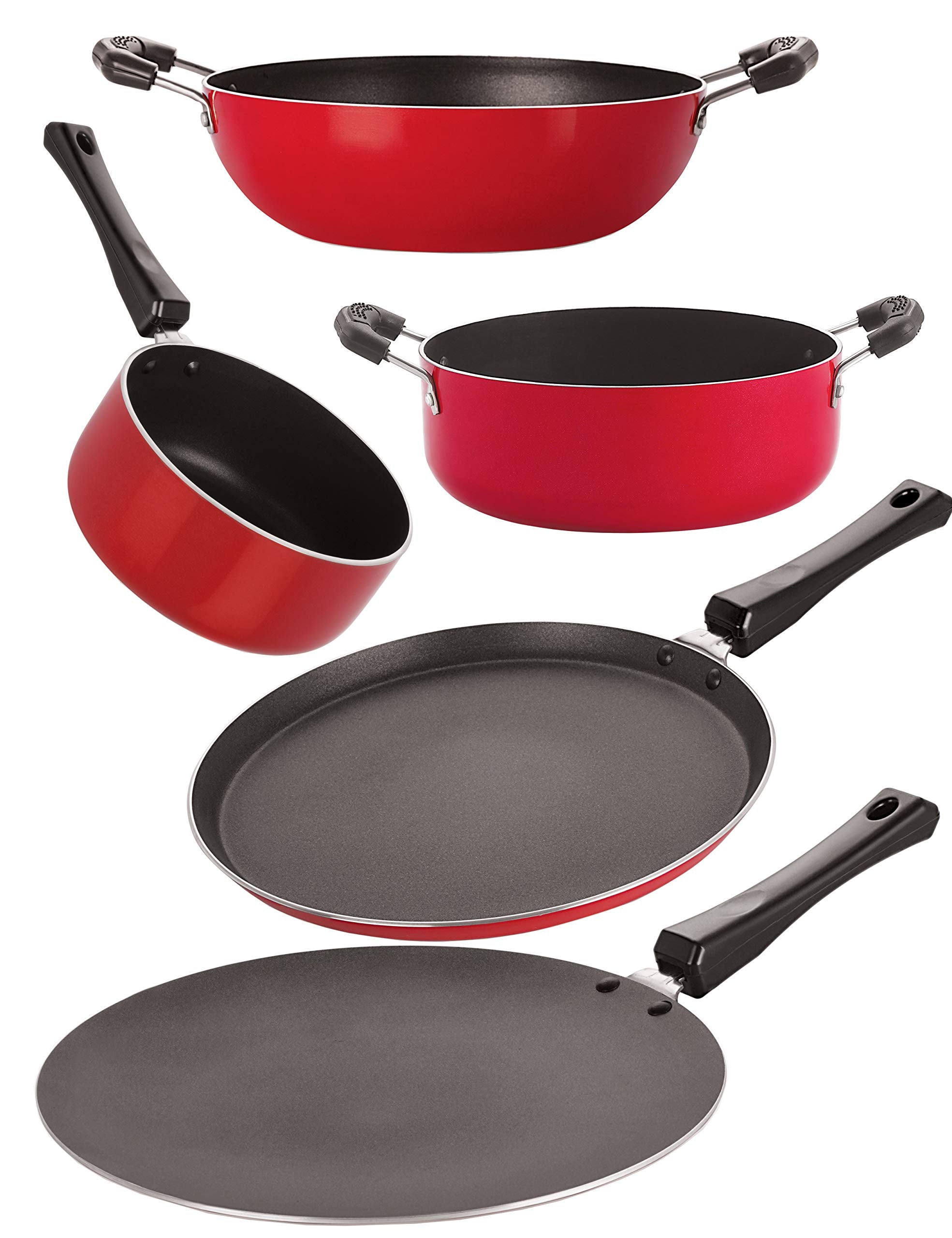 Nirlon NonStick Coated Aluminium 5 Piece Gas Compatible Wooden Spoon Friendly Cookware Utencils Item Combo Gift Set Offer