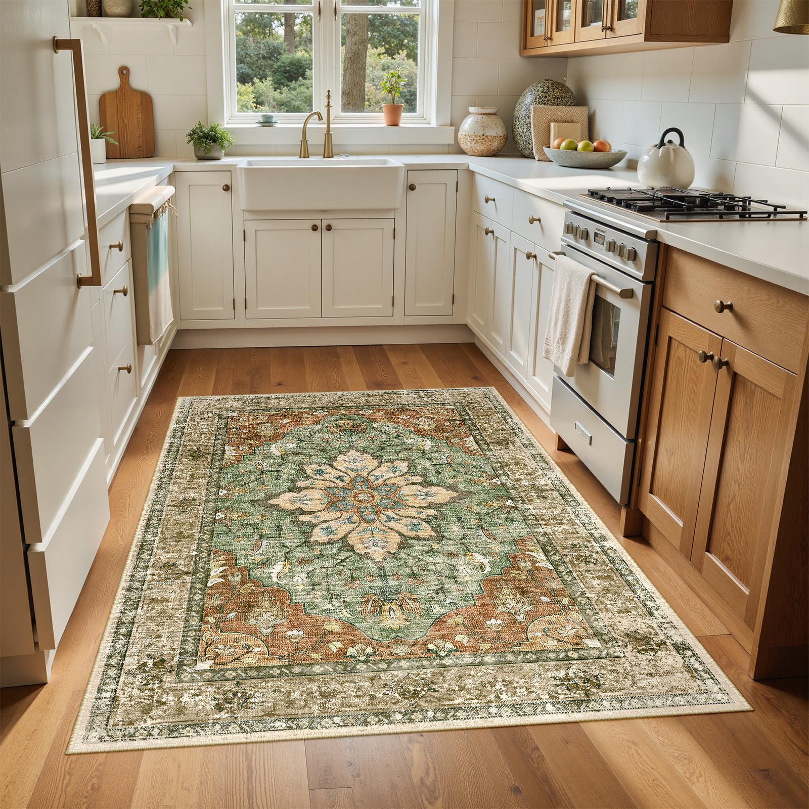 RELEANY Area Rugs 4x6 Washable Non-Slip, Floral Vintage Distress Print Pattern Medallion Carpet for Living Room Bedroom Dining