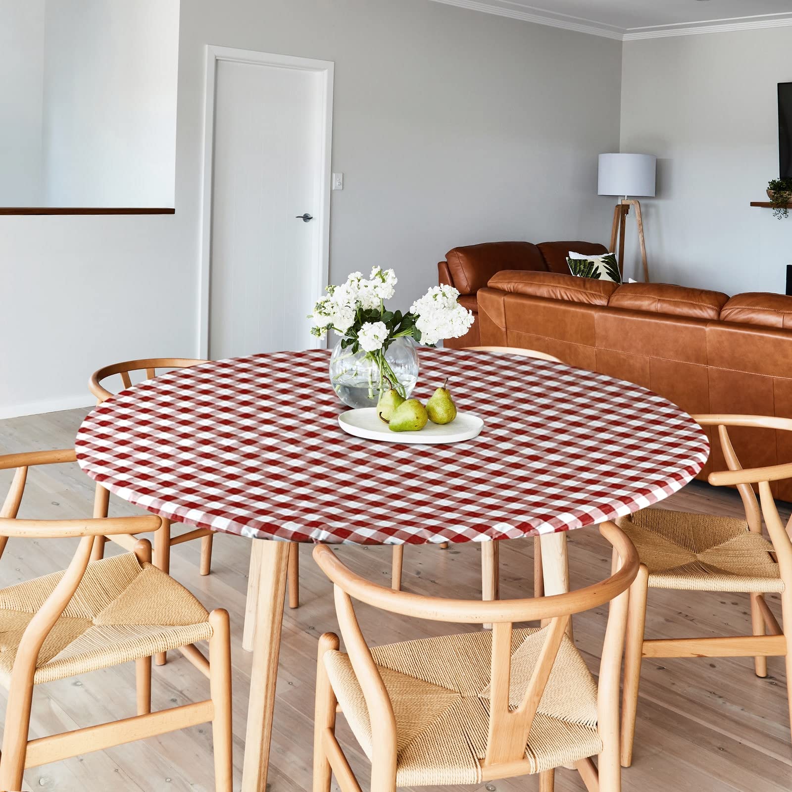 Sorfey Tablecloth -Fitted With Elastic, Vinyl With Flannel Back, Fits For Table 36 Inches Round ,Water Proof, Easy To Clean, Che