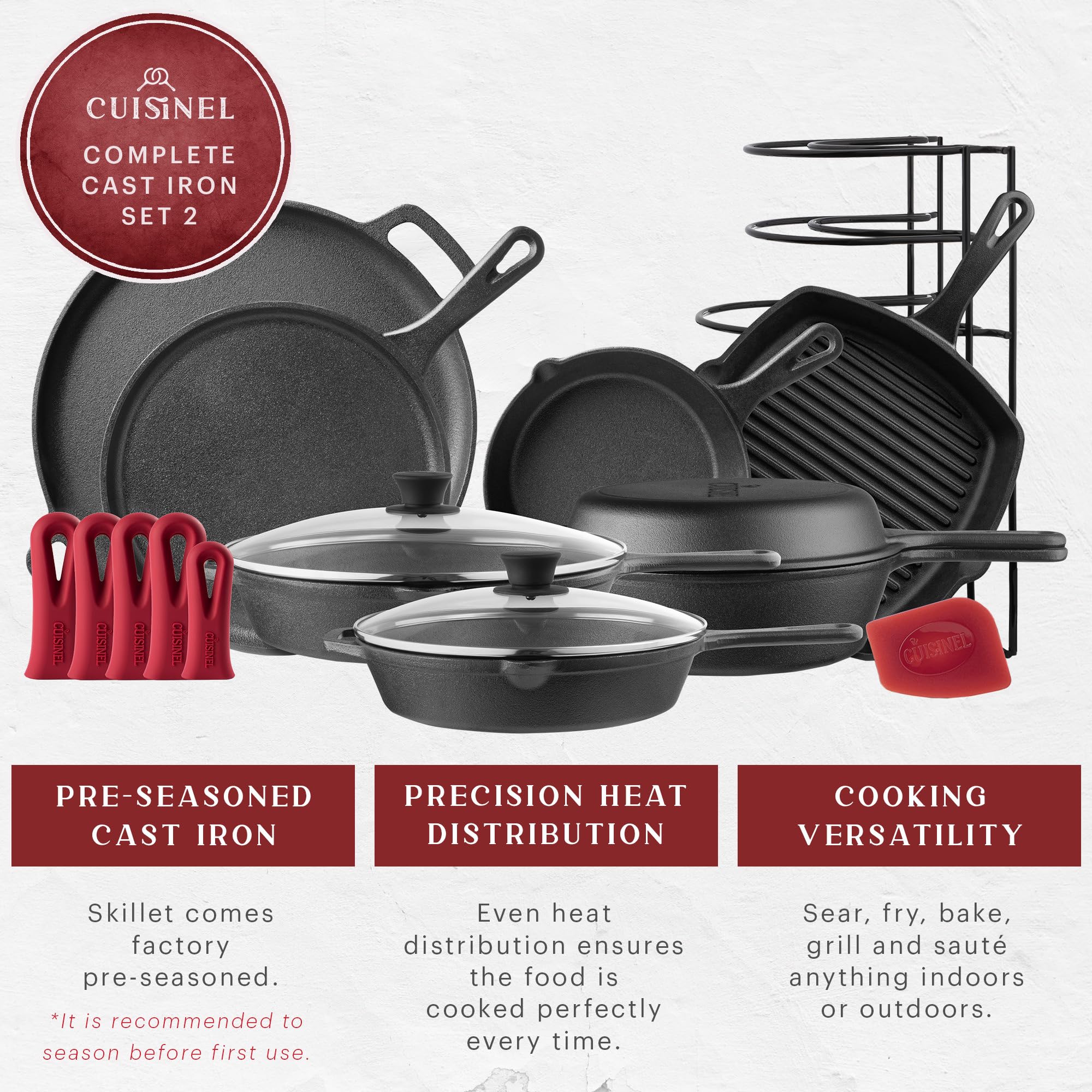 Cuisinel Cast Iron Cookware Set - Complete Pre-Seasoned Kit - 8 Skillet & 10 + 12 Skillets with Glass Lid + Grill Pan + Multi-Co