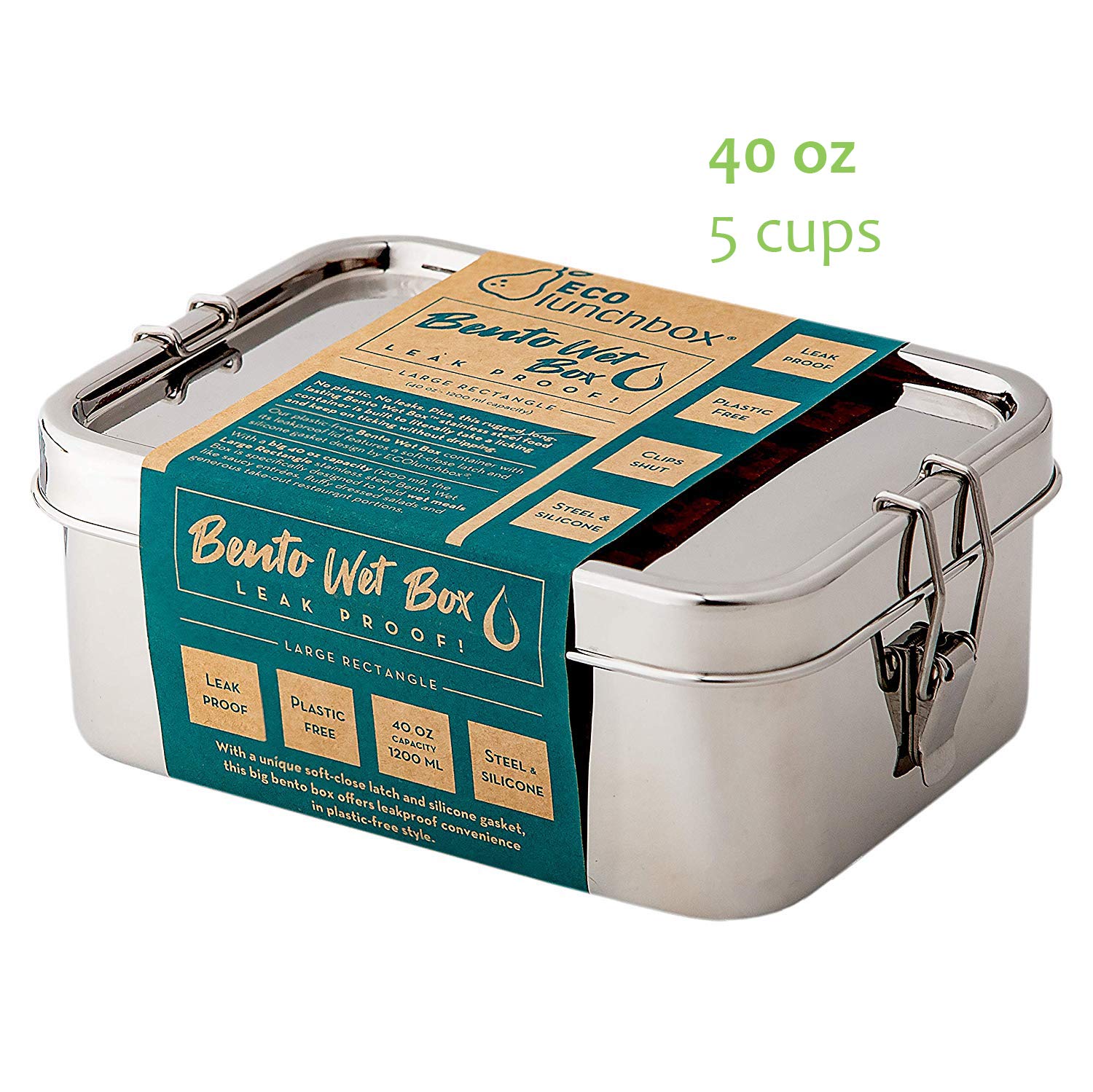 Ecolunchbox Stainless Steel Bento Box Rectangle - Holds 5 Cups Food - Leakproof