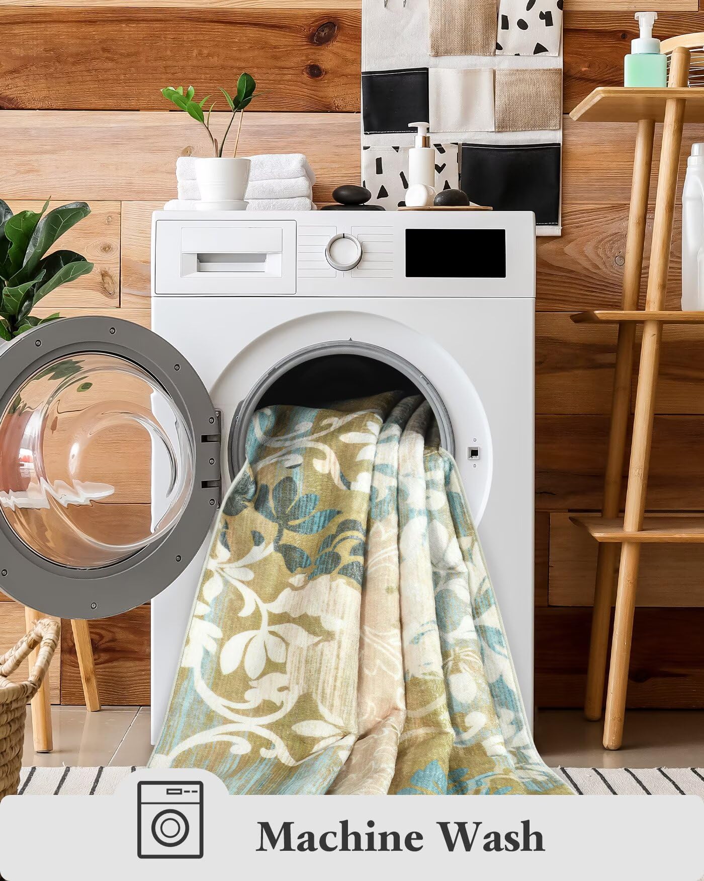 Macgace Washable Abstract Rug, 5x7 Willow Green and Blue Floral Area Rugs with Non-Slip Rubber Backed for Bedroom, Low Pile Mode