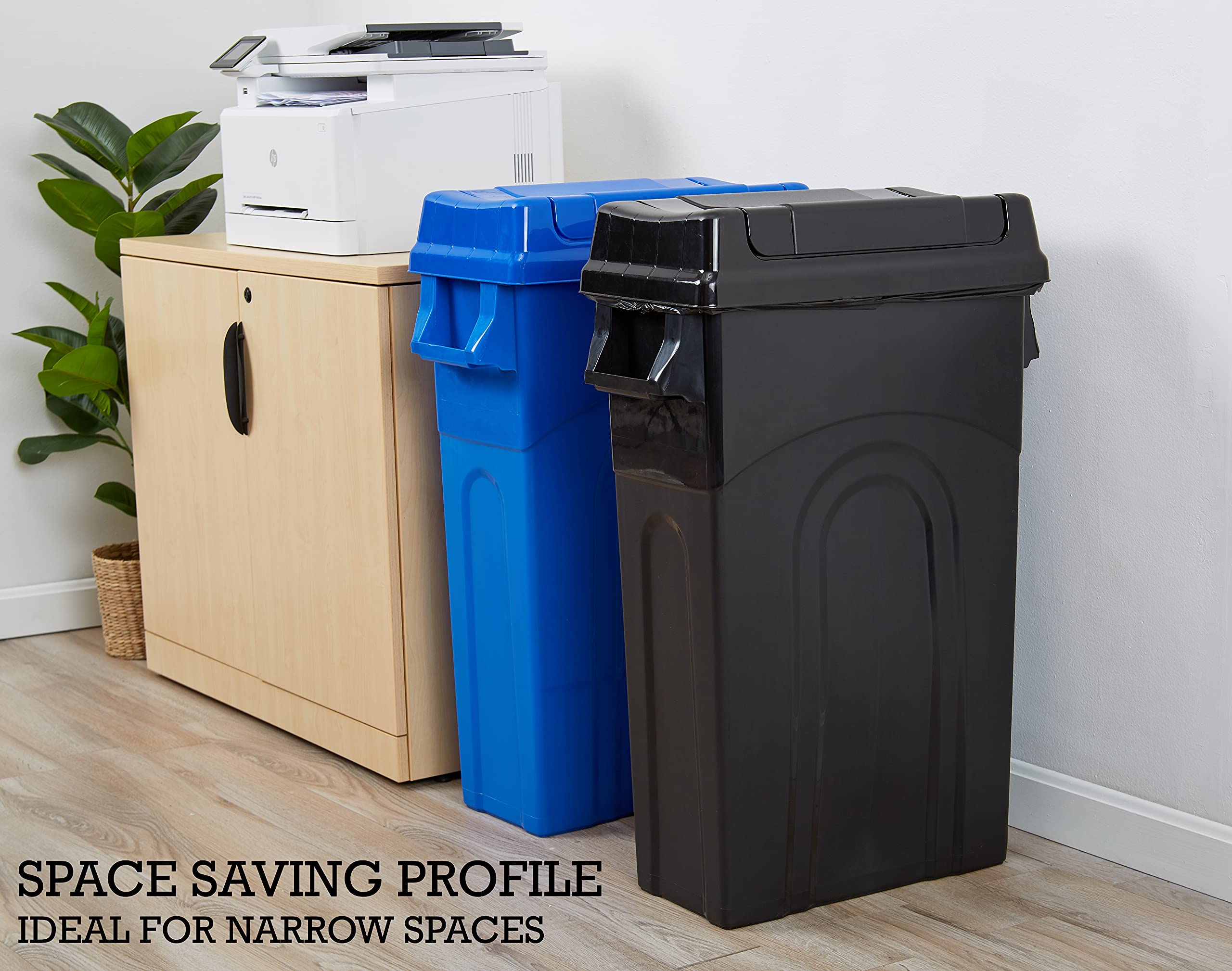 United Solutions Highboy Waste Container With Swing Lid, 23 Gallon, Space Saving Slim Profile And Easy Bag Removal, Handles For