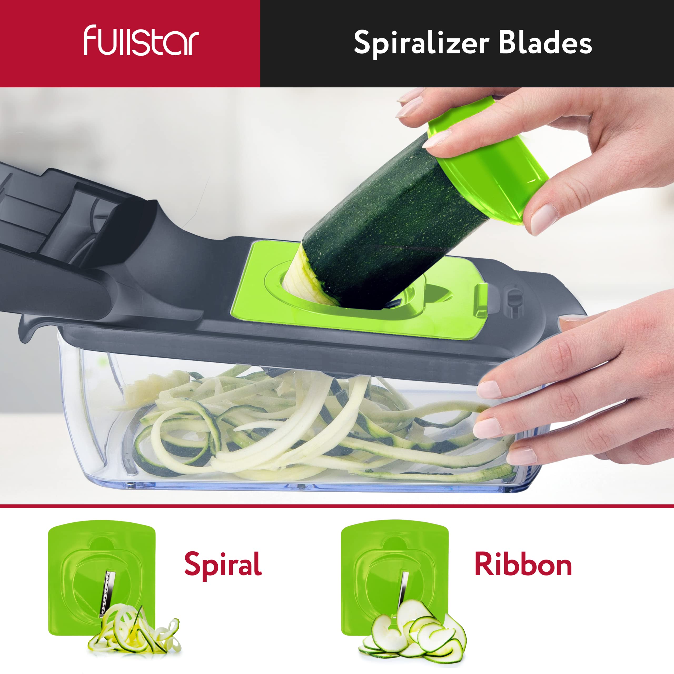 Fullstar Vegetable Chopper - Spiralizer Vegetable Slicer - Onion Chopper with Container - Pro Food Chopper - Green Slicer Dicer Cutter - 4 Blades