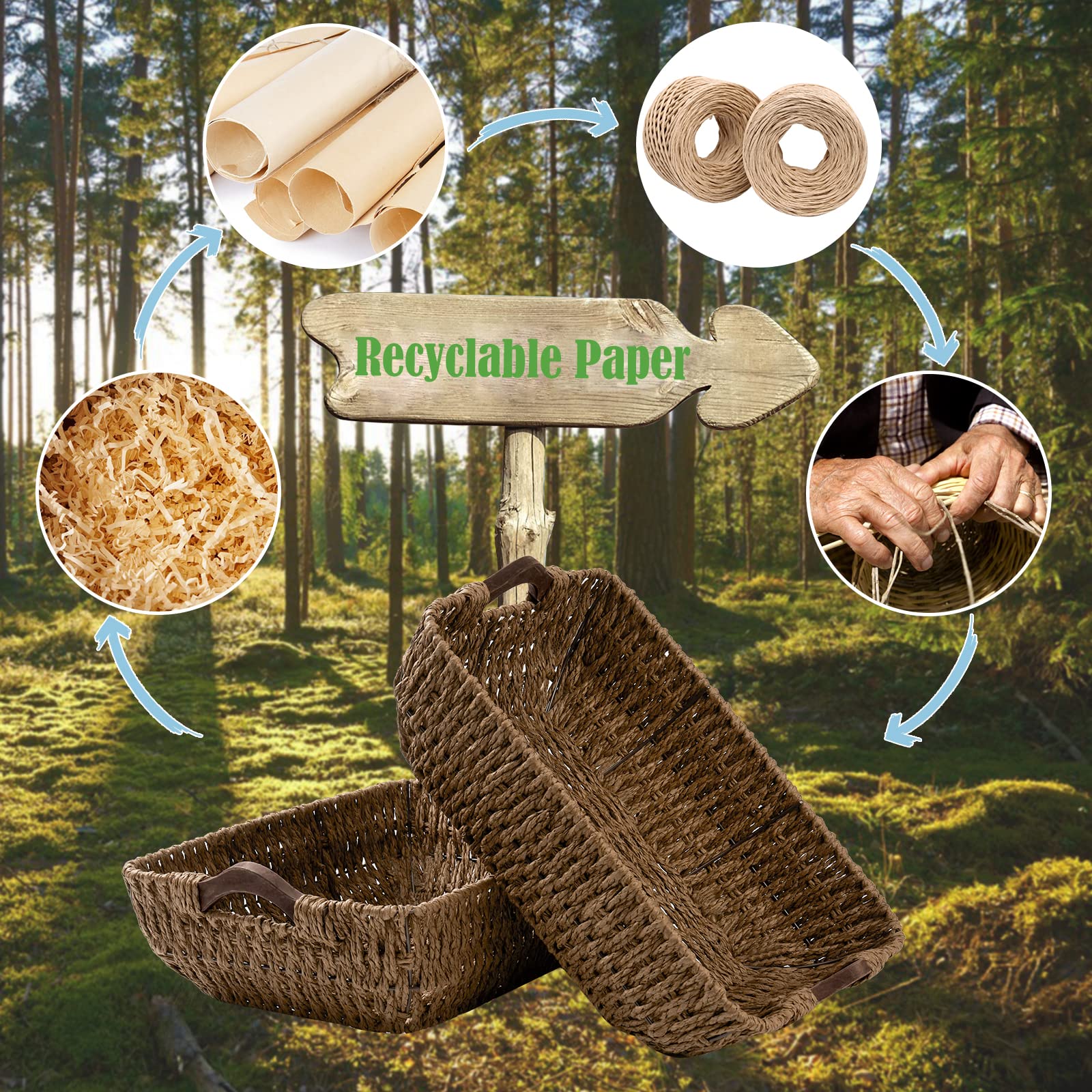 Fairyhaus Hand-Woven Wicker Storage Basket With Natural Wooden Handles Set Of 2, Recyclable & Renewable Paper Rope, 15X10X5 Wick