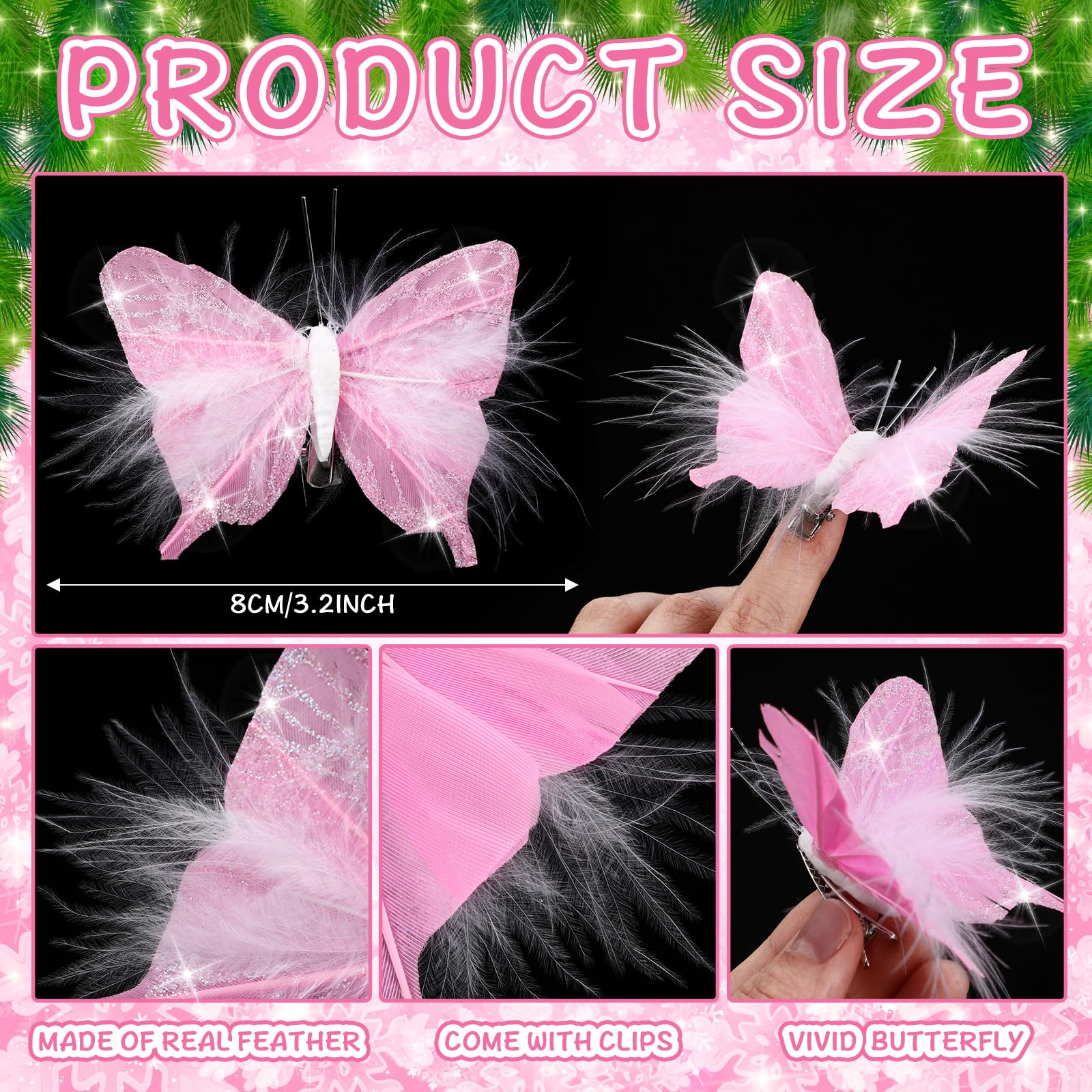 Knitgrip 24 Pcs Christmas Tree Glitter Butterflies Ornaments White Feather Butterfly with Glitters Clip on Artificial Butterflie