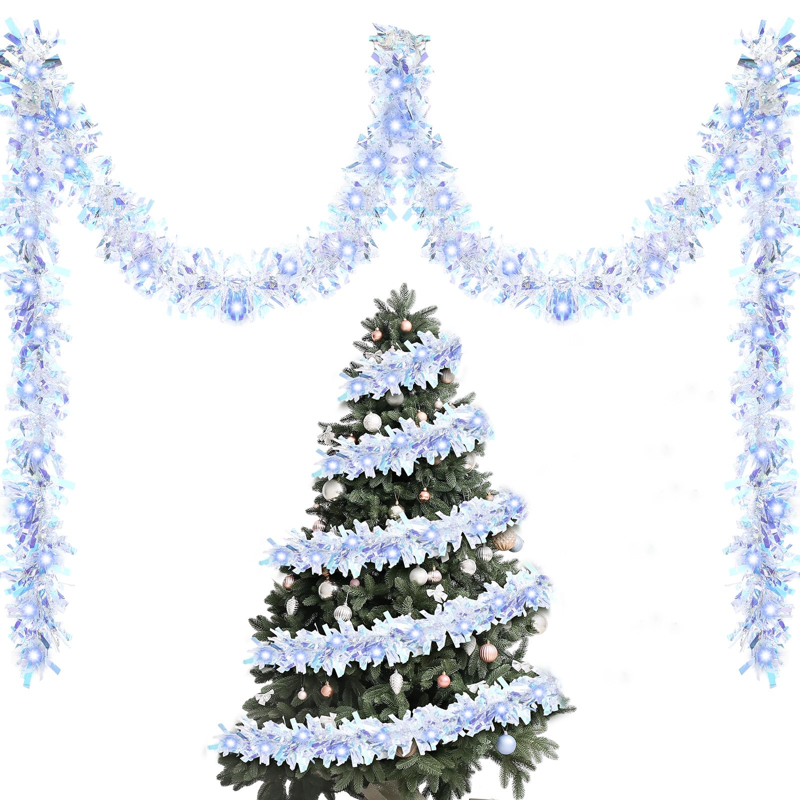 Kingdder 16.4 ft Christmas Prelit Tinsel Lighted Garland with 50 LED Lights Hanging Christmas Foil Tinsel Garland for Xmas Tree