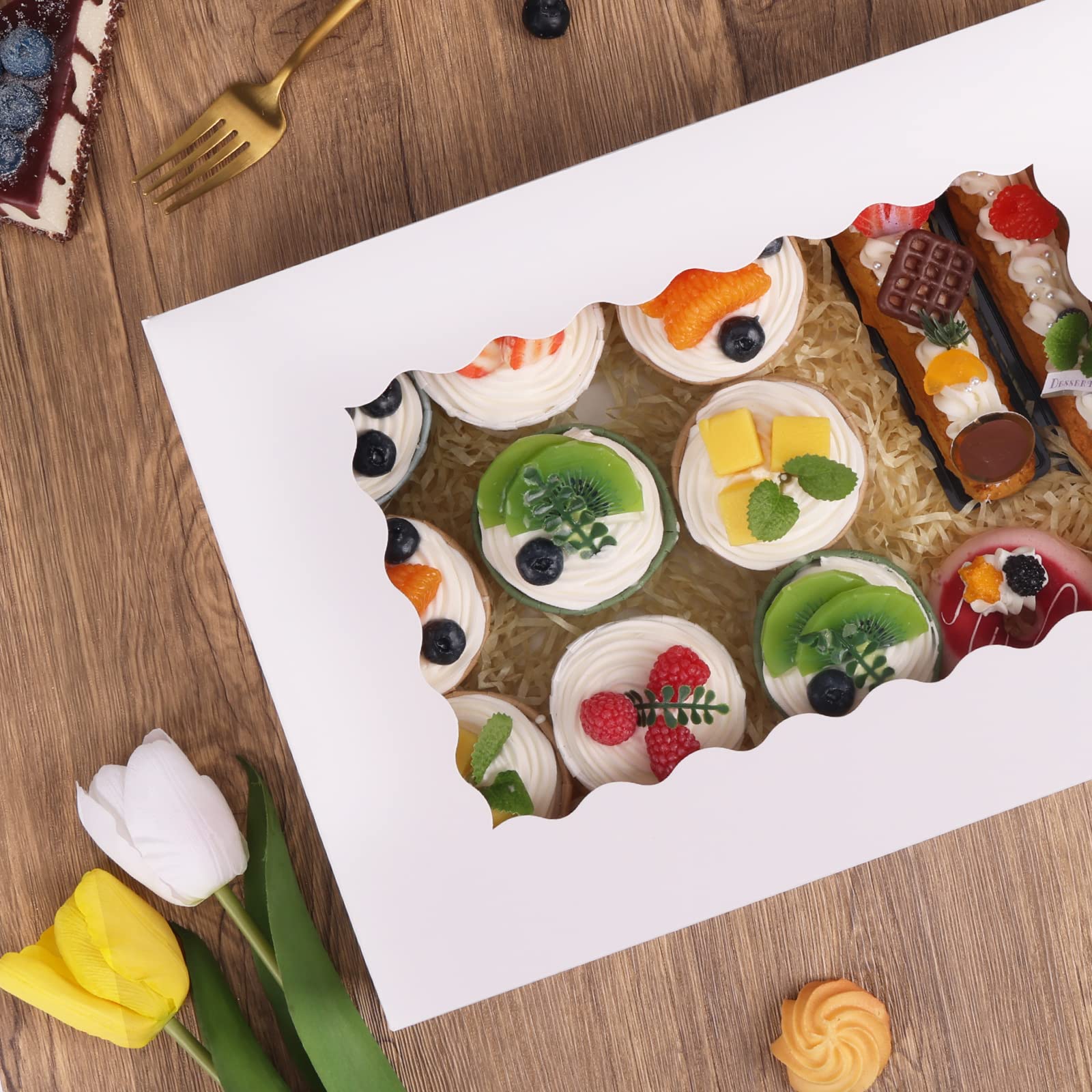 Moretoes 40Pcs Cookie Boxes, 14X10X2.5 Inch Bakery Boxes, Treat Boxes With Window For Donuts, Pies, Cakes, Muffins, And Pastries