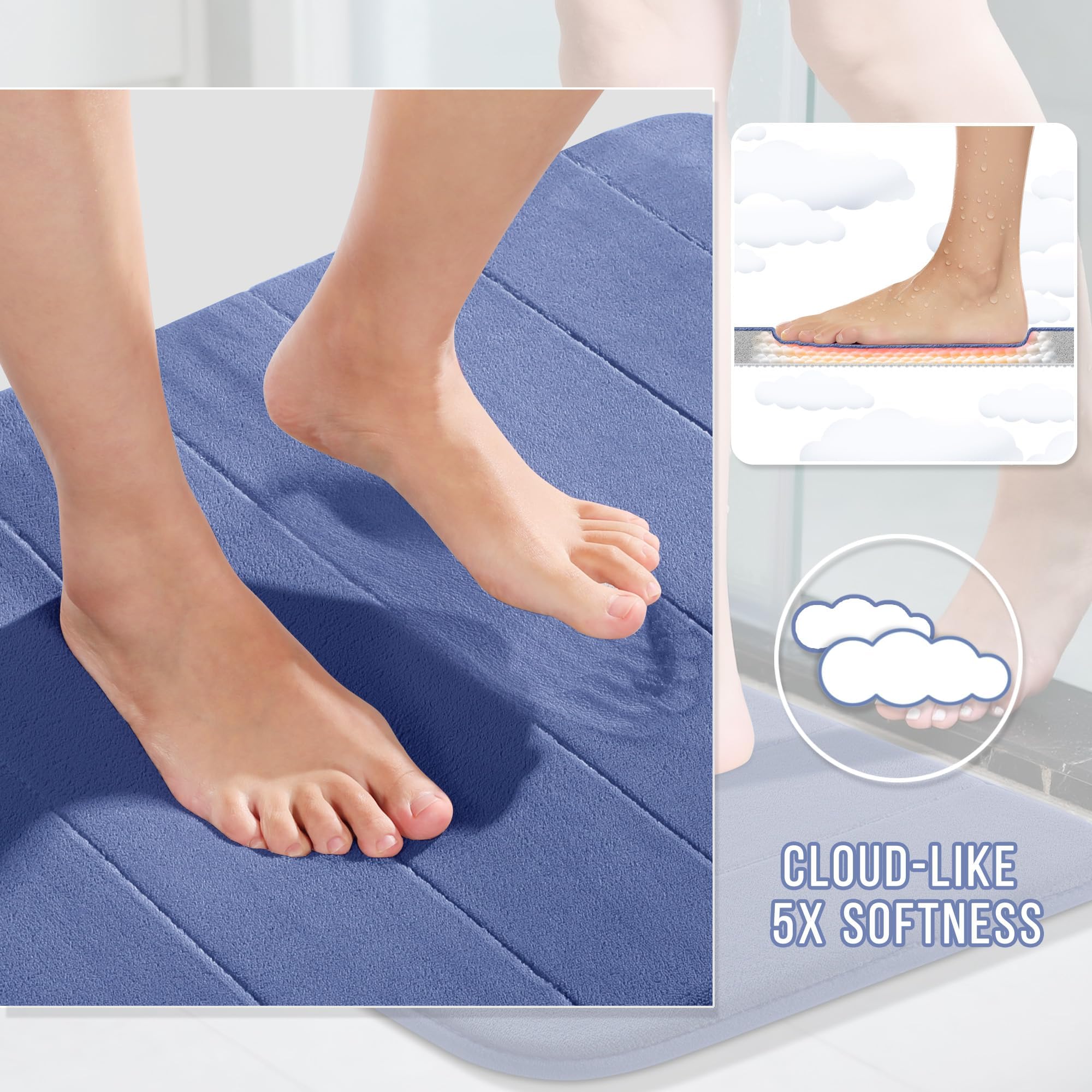 Yimobra Memory Foam Bath Mat Set  2 Pieces Soft Bathroom Rugs 17x24 and 24x20.4 U-Shaped for Bathroom Rugs  Toilet Mats  Water Absorption  Non Slip  Thick  Dry Fast for Bathroom Floor Mats  Navy Blue
