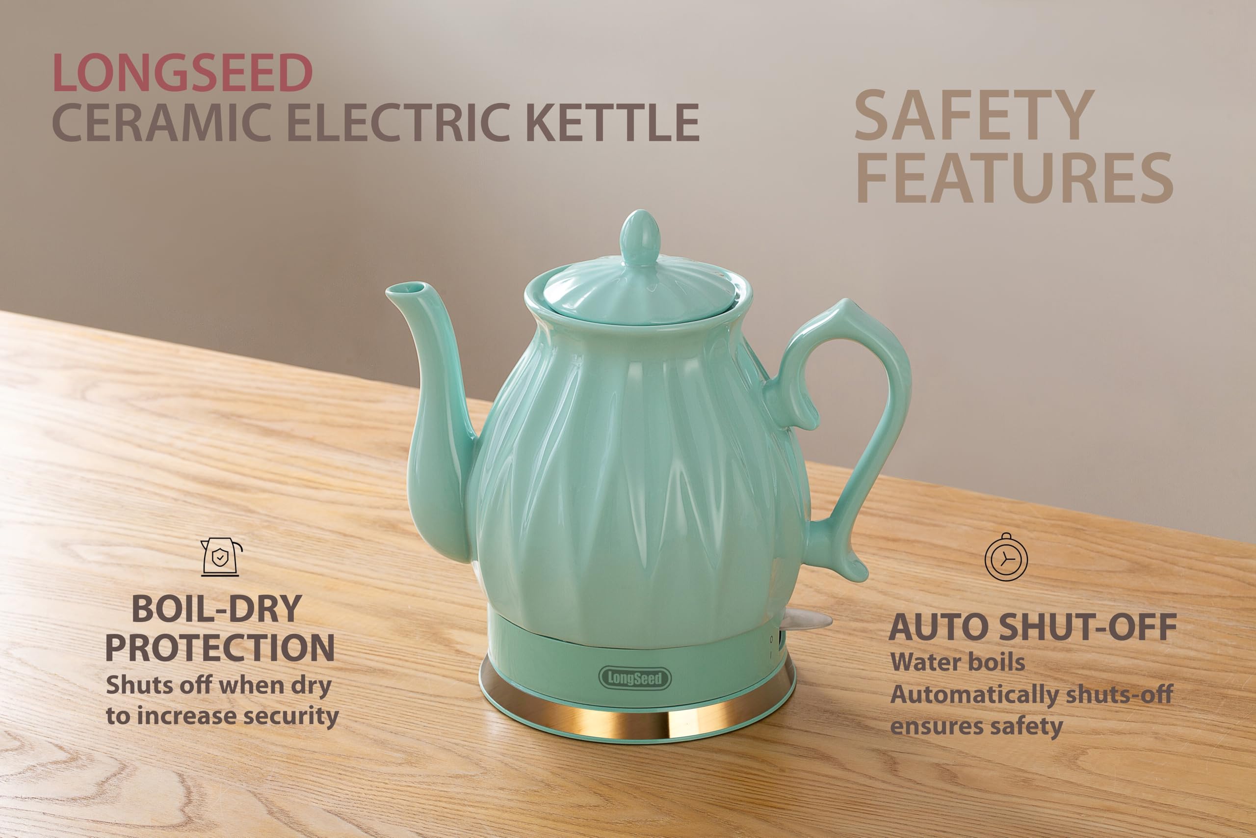 Longseed Ceramic Electric Kettle, 1.5L/1200W Boil Water Quickly And Easily With Boil-Dry Protection Auto Shut Off, Detachable Sw