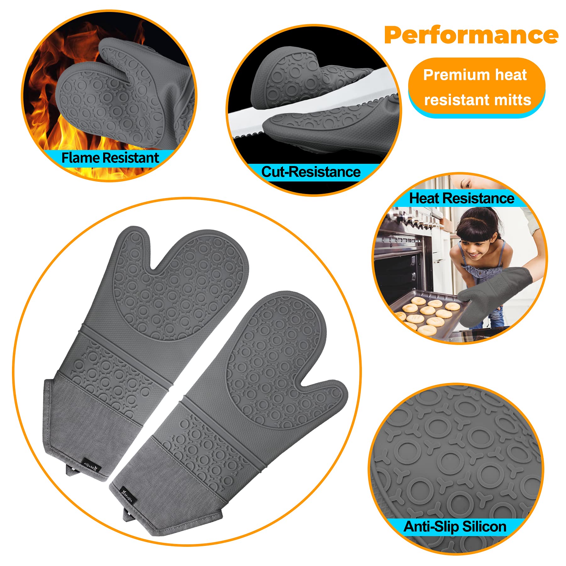 Jumeijia Oven Mitts And Hot Pads Sets, 8Pcs Extra Long Silicone Oven Gloves With Non-Slip Heat Resistant Hot Trivet Mats And Coo