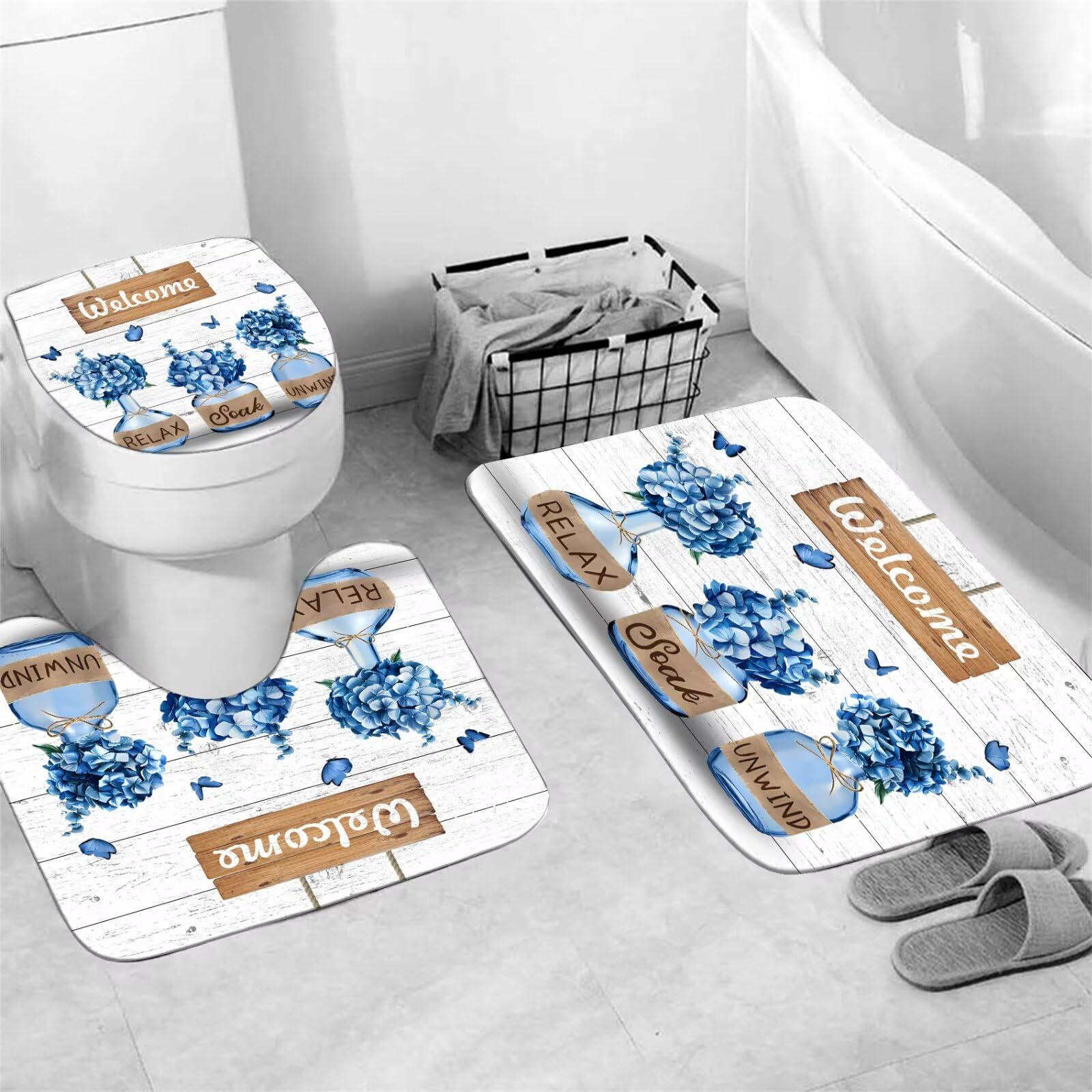 Azhm Blue Hydrangea Shower Curtain Sets For Bathroom 4 Pcs Welcome Bathroom Sets With Shower Curtains And Rugs And Accessories F