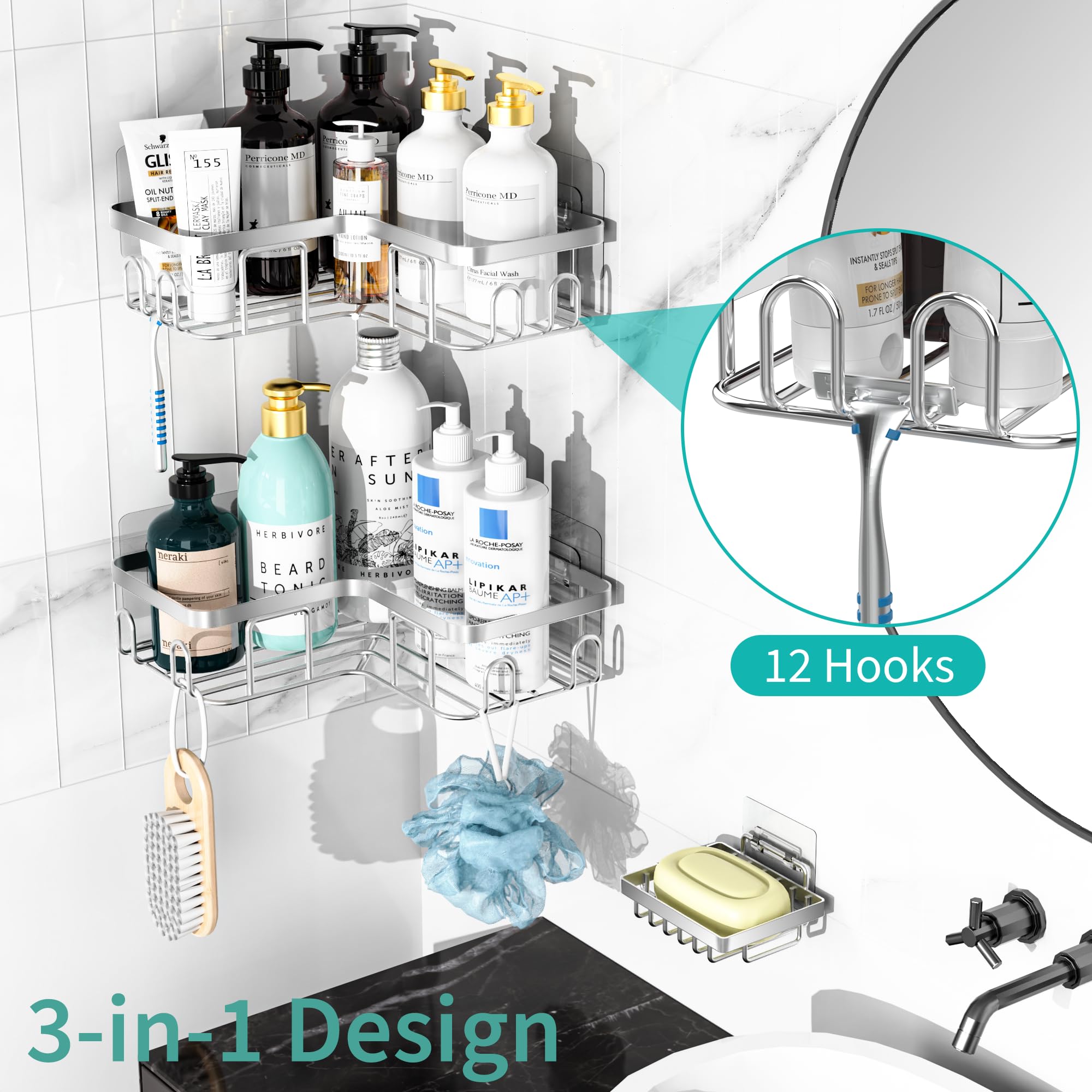 Moforoco Corner Shower Caddy, 3 Pack Shower Organizer Shelf With Soap Holder And 12 Hooks, Adhesive Shower Shelves Rustproof For