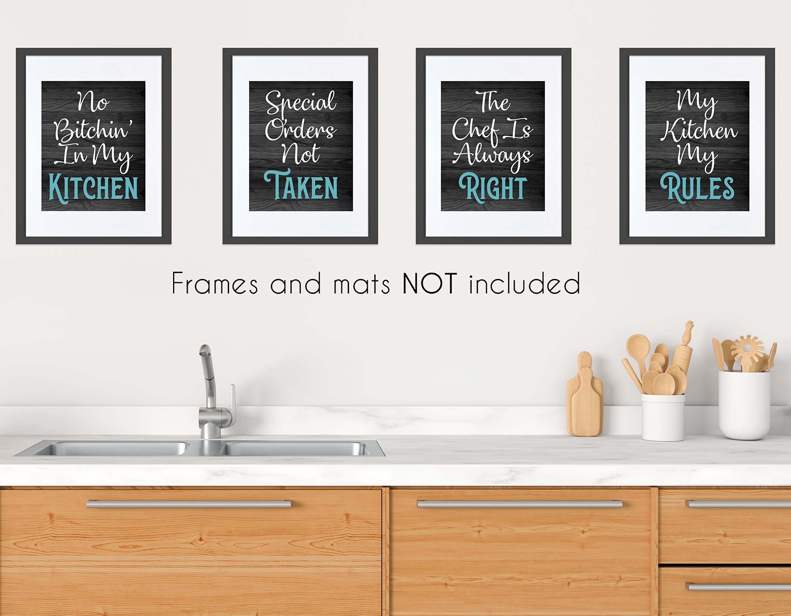 Turquoise Teal Blue and Black Woodgrain Retro Vintage Inspirational Rules Wall Art for Dining Room Kitchen Cafe and Restaurant Decor Prints Posters Signs Sets Home Decorations Funny Sayings Quotes No