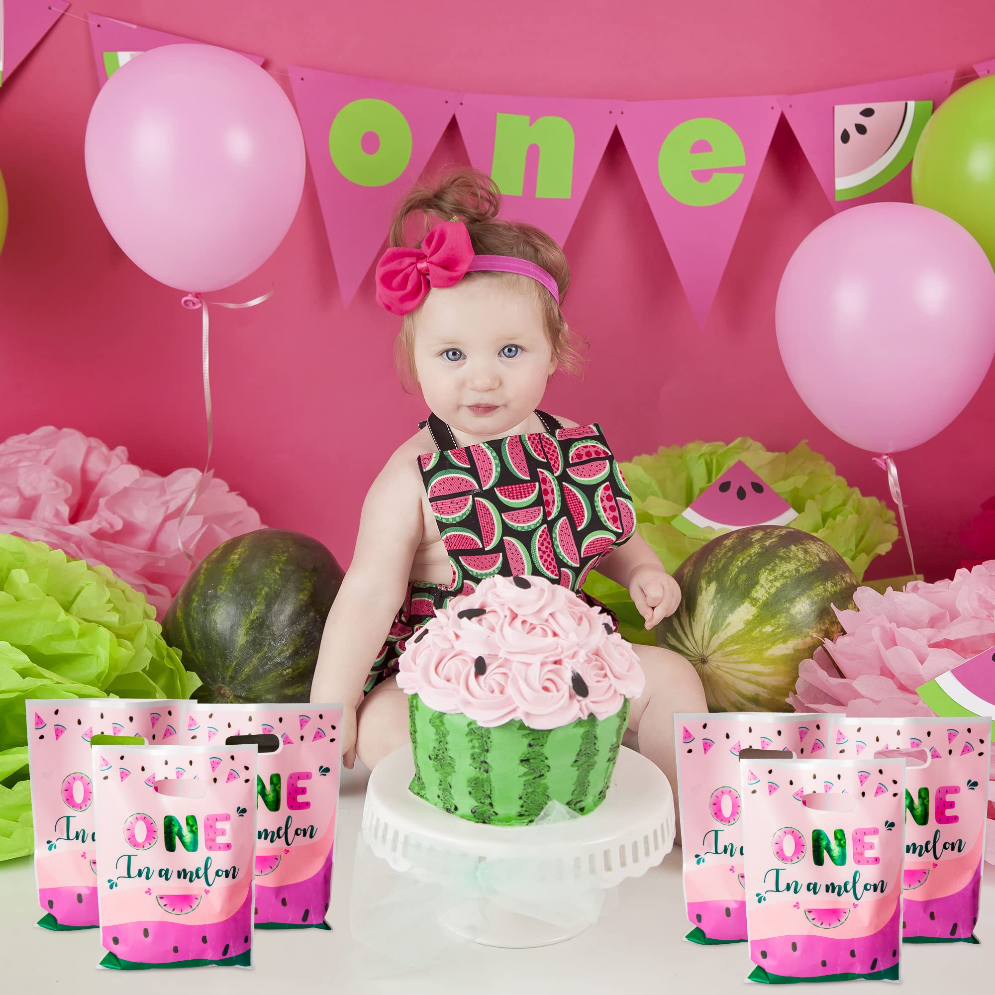 3Sscha 50Pcs One In A Melon Party Favor Bag Watermelon Themed Waterproof Goodie Bag With Die Cut Handles Summer Glossy Plastic C