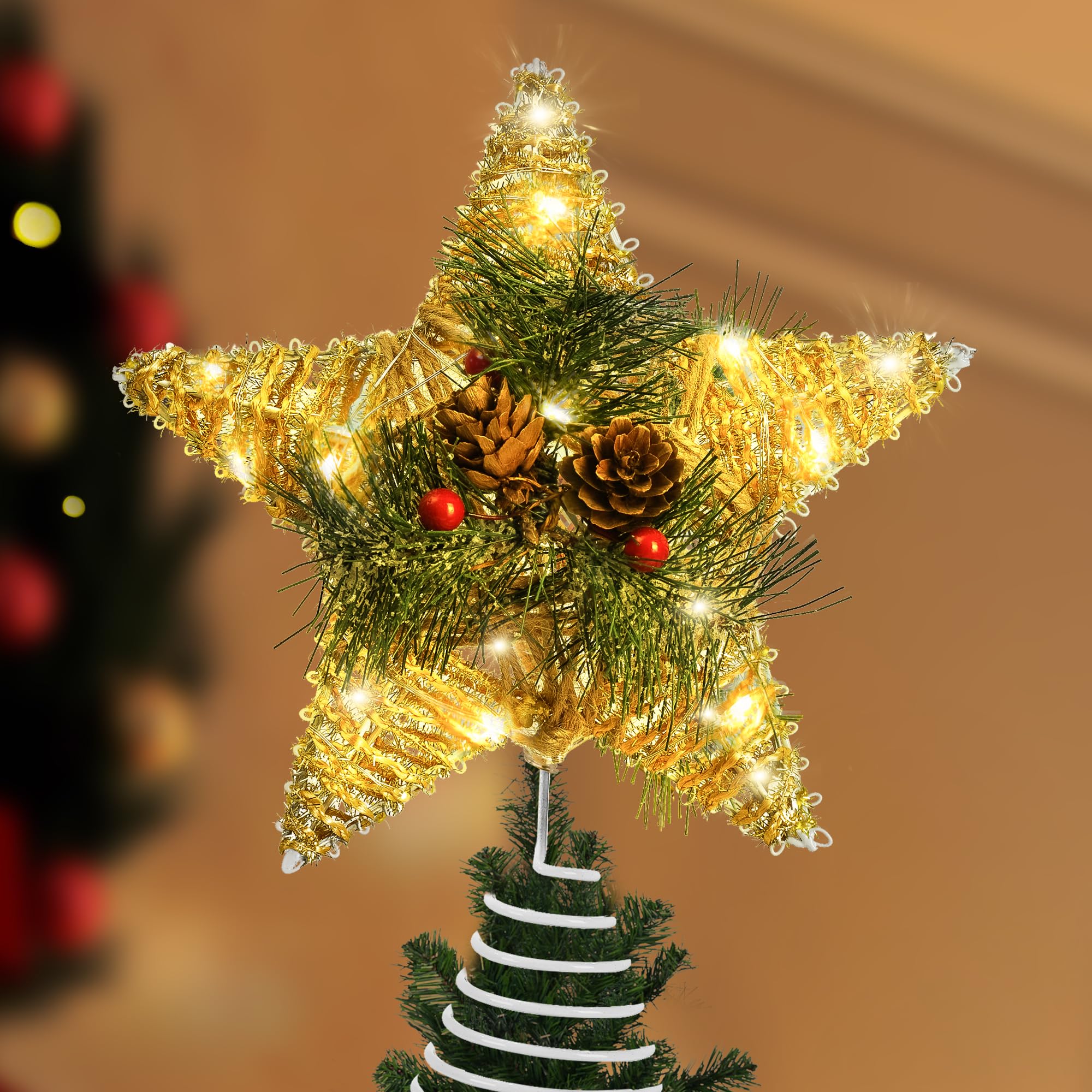 Christmas Tree Topper, 10 Gold Glittered Star with Hollow Design, Battery Operation Tree Topper Star with 20 LEDs for Christmas 