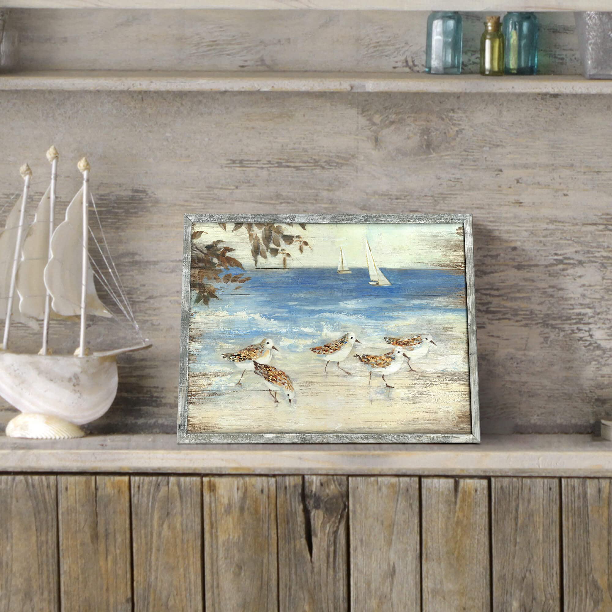 Ocean Framed Wooden Wall Art: Abstract Beach Oil Painting Style Sea Bird Pictures Ocean Prints Peaceful Coastal Artwork For Offi