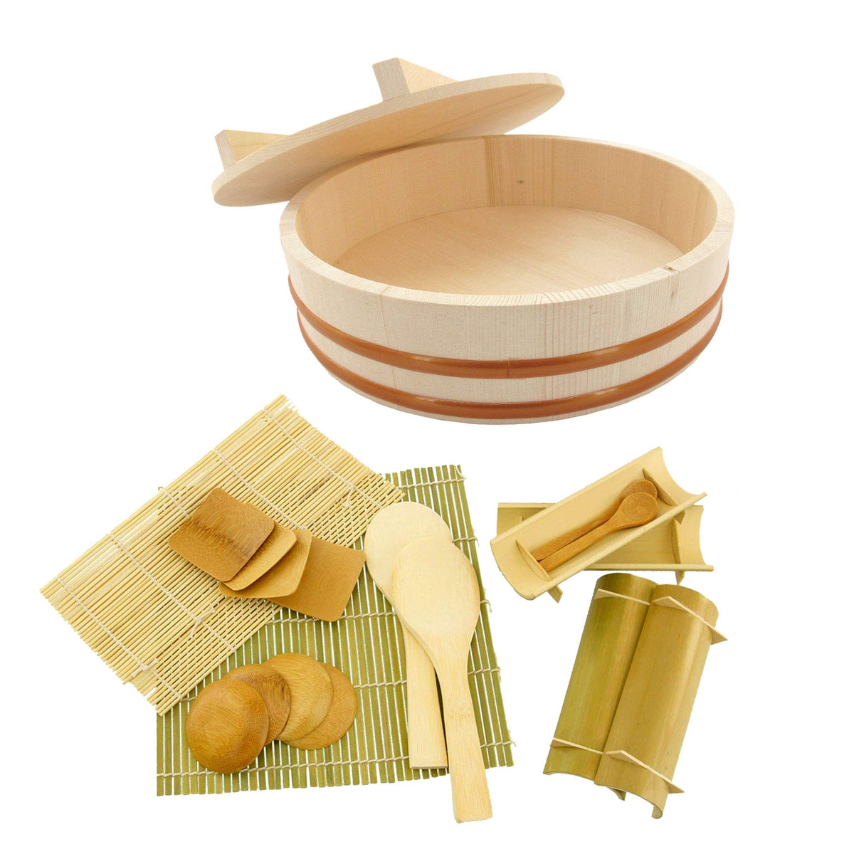 Bamboomn 10.6'' Hangiri Oke Sushi Rice Cooling Bowl/Tub With Lid, 19 Pieces Making Serving Accessory Kit - Small