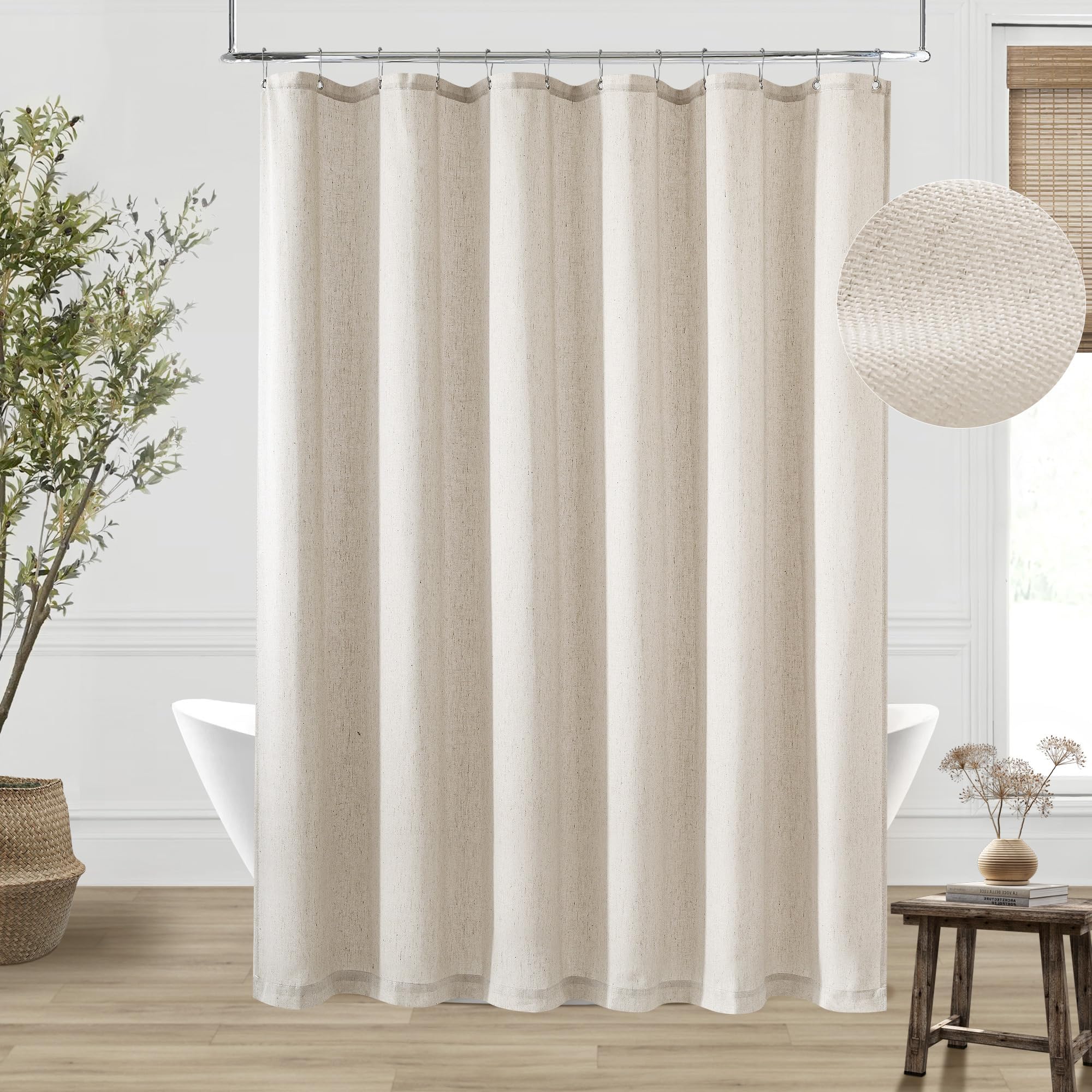 Neutral Linen Shower Curtain For Bathroom With Hooks Water Repellent Earthy Tone Simple Greige Bath Curtain Flax Burlap French C