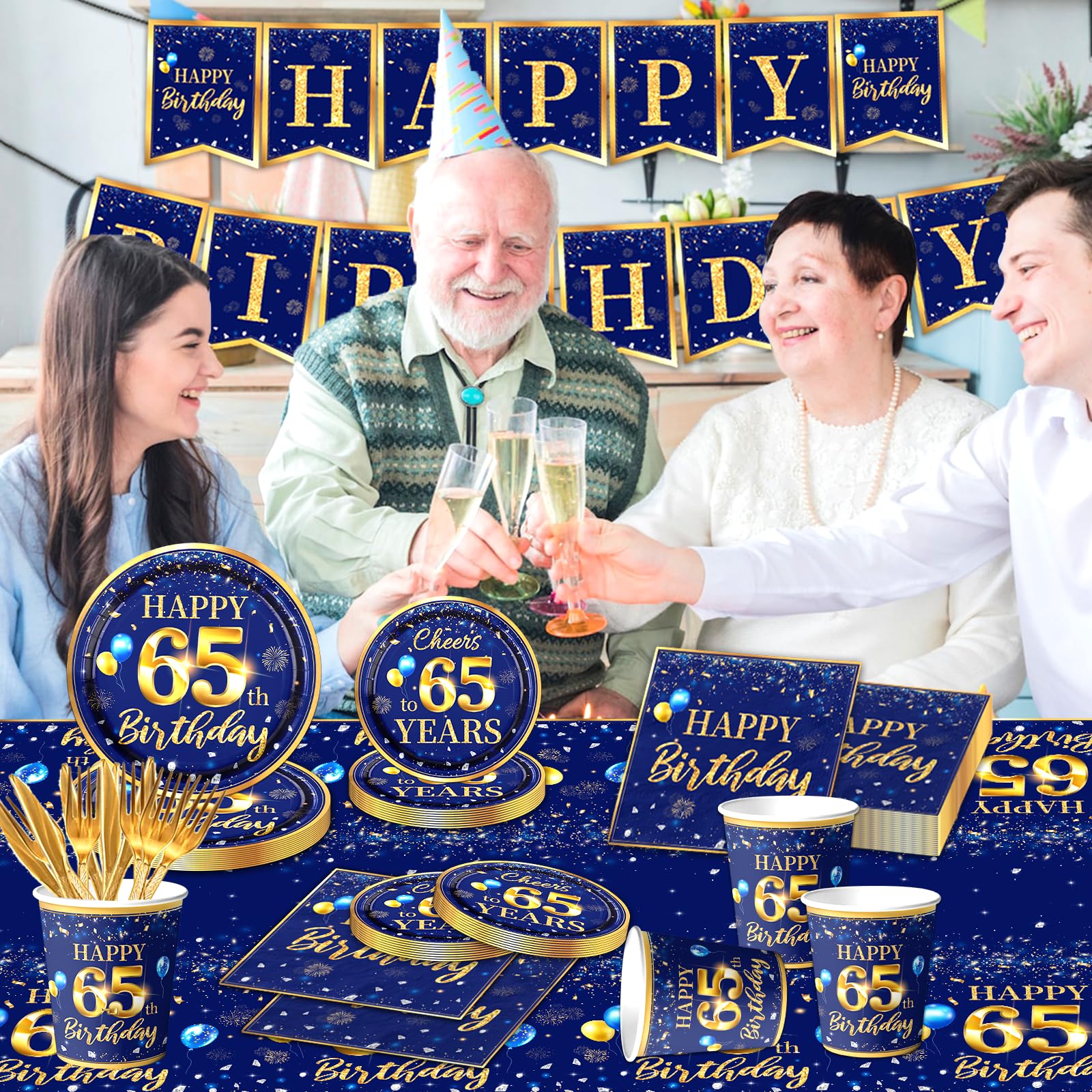 65Th Birthday Decoration Men-142Pcs Navy Blue And Gold Birthday Tableware Set(Serve For 20) Include Happy 65Th Birthday Banner P