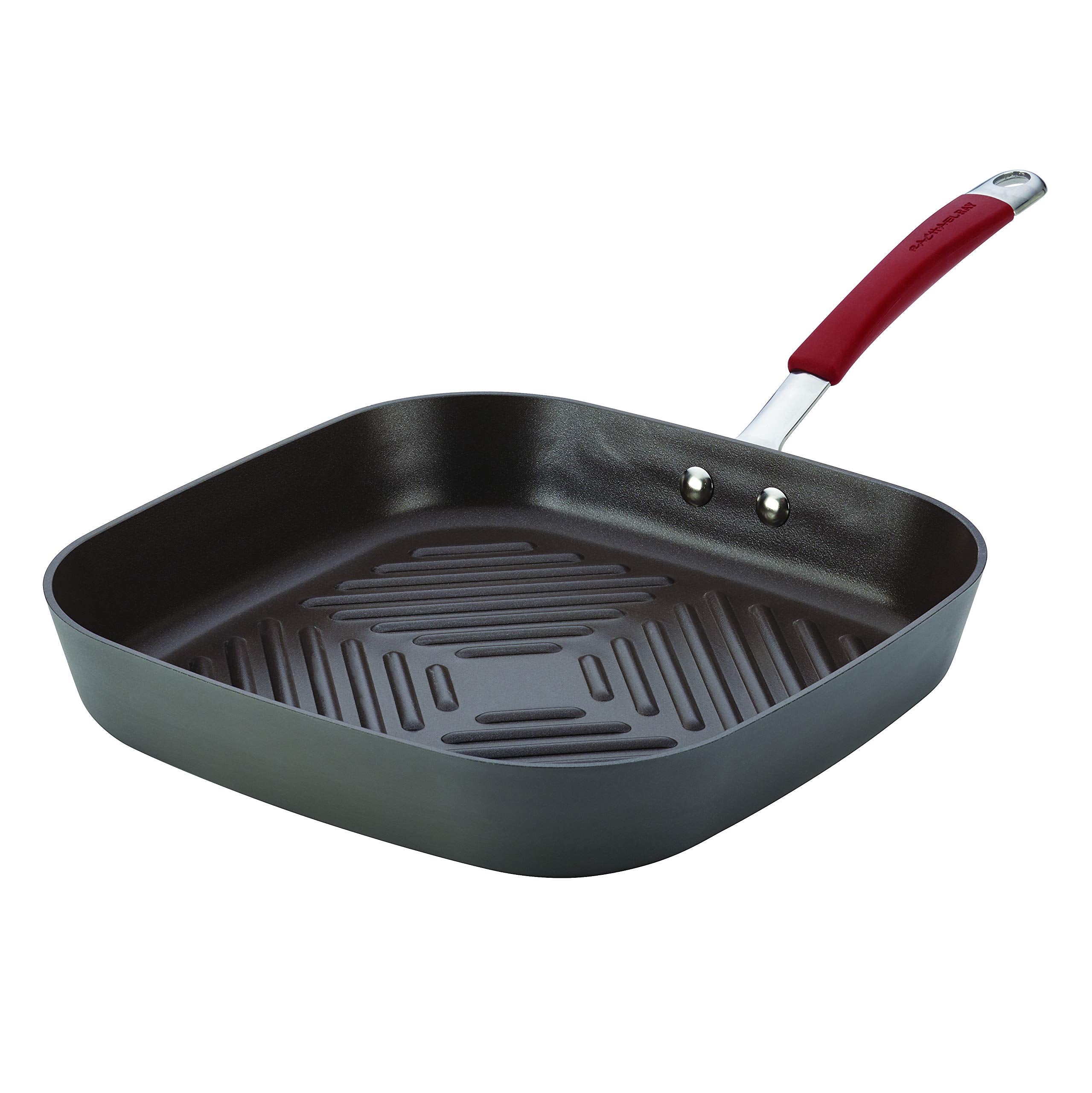 Rachael Ray Cucina Hard Anodized Nonstick Grill/Deep Square Griddle Pan, 11 Inch, Gray With Red Handles