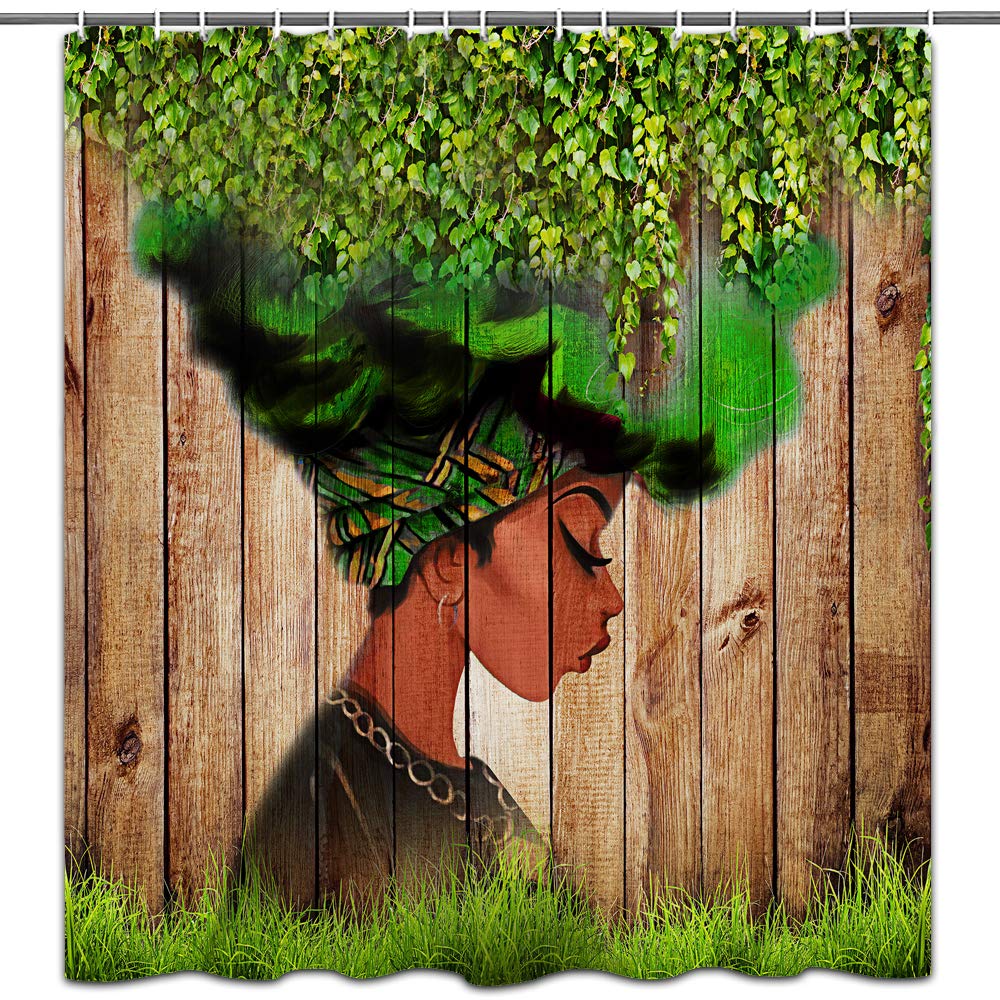 African Woman Shower Curtain Afro Black Art Green Leaves Women Watercolor Design Bathroom Accessories Waterproof,Machine Washabl