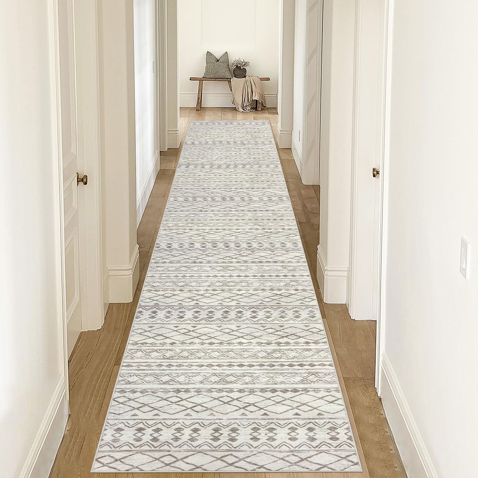 KUTA Boho Runners for Hallways 2.6x16 ft Moroccan Beige Washable Long Hall Carpet Non-Slip Vintage Soft Distressed Geometric Kit