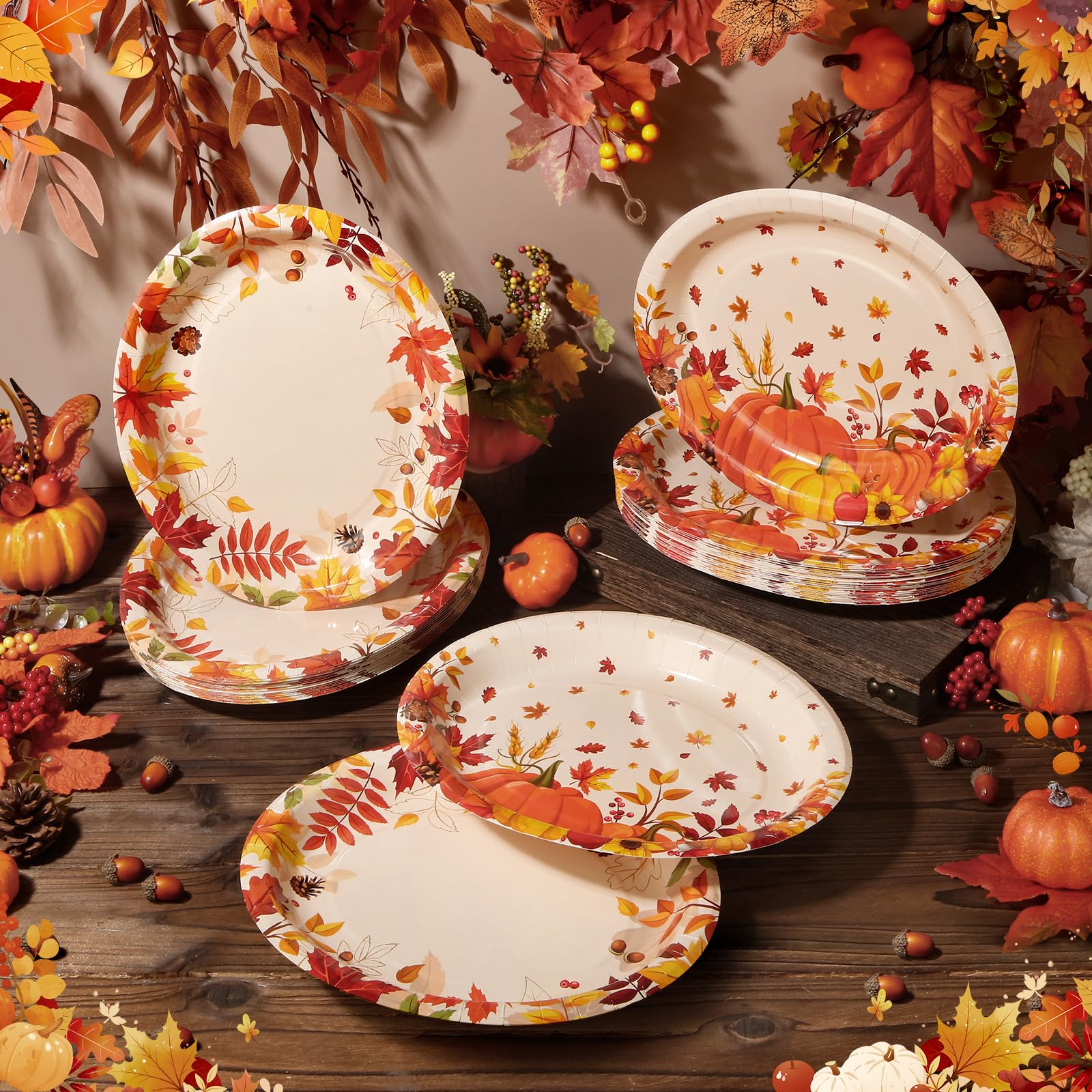 SUMMORO 50 Pcs Thanksgiving Oval Paper Plates 10x12 Large Disposable Fall Party Plates Heavy Duty Autumn Maple Pumpkin Disposabl