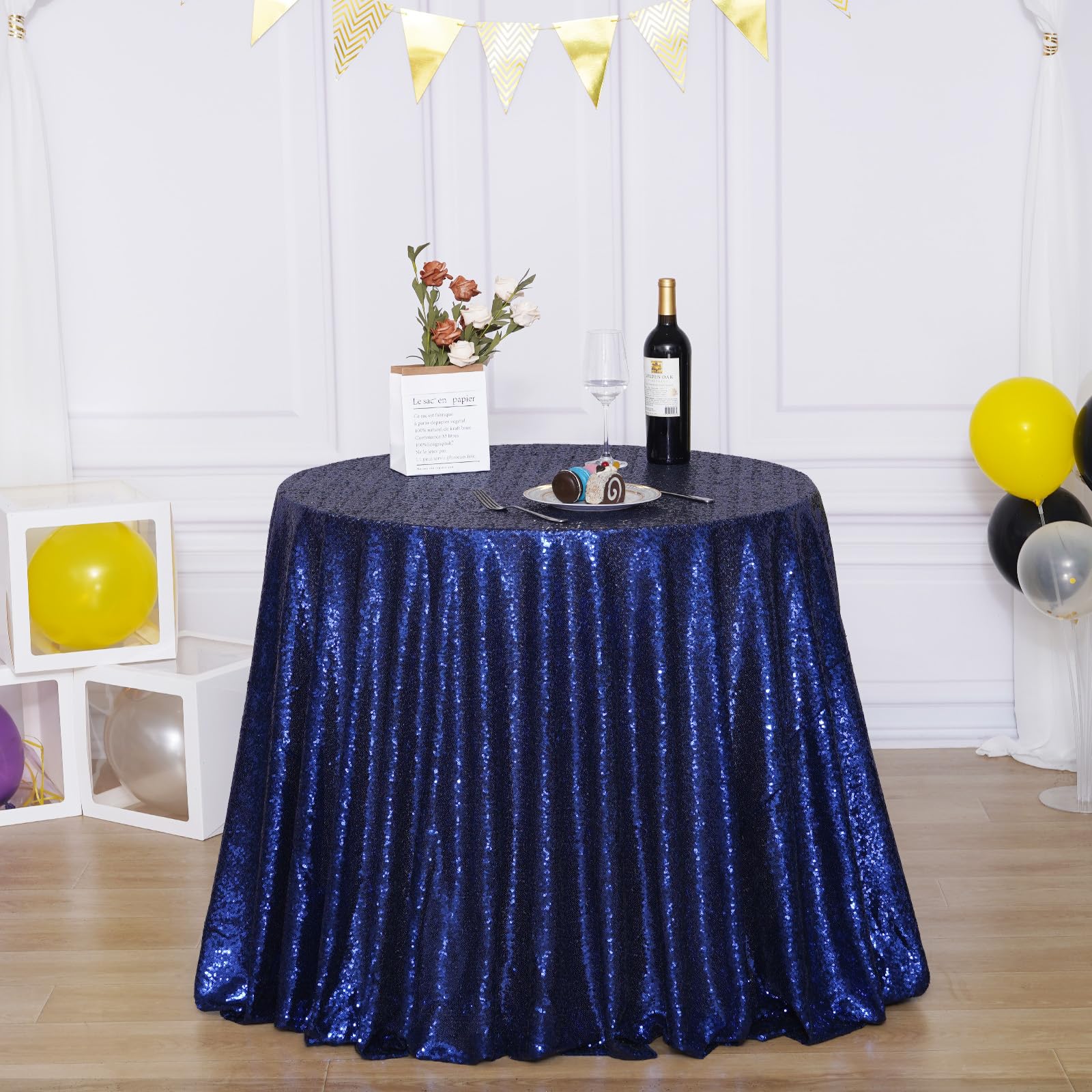 Poise3Ehome 120-Inch Round Navy Blue Sequin Tablecloth For Party Cake Dessert Table Exhibition Events