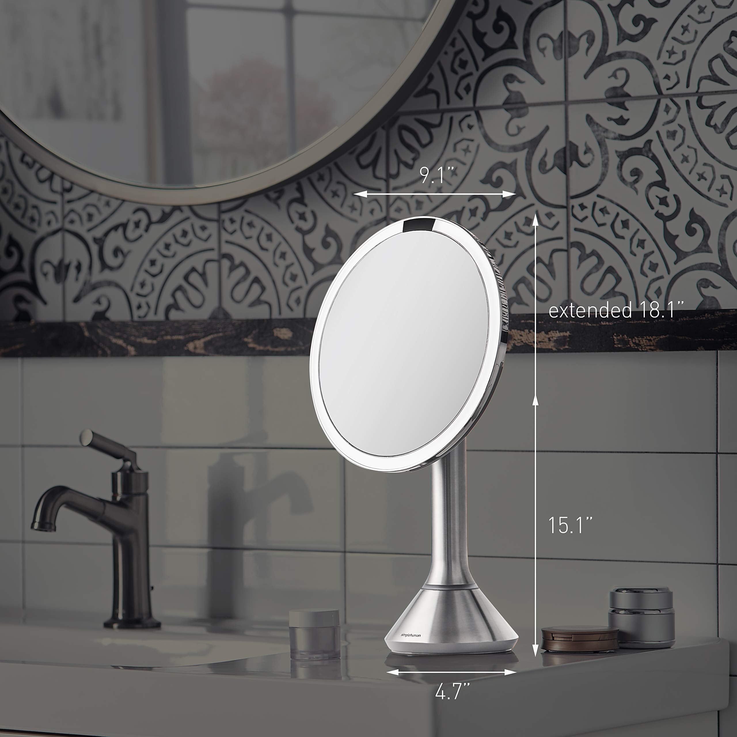 Simplehuman 8'' Round Sensor Makeup Mirror With Touch-Control Brightness, 5X Magnification, Rechargeable And Cordless, White Sta