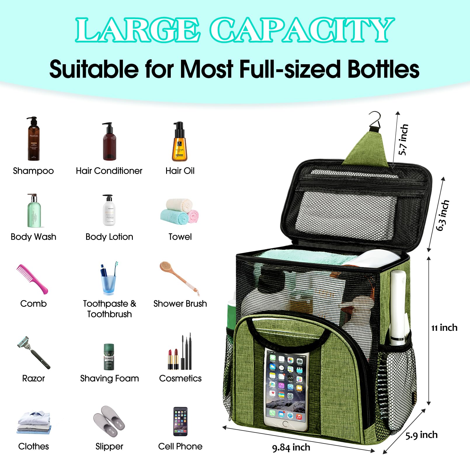 Attmu Portable Shower Caddy College Tote Bag, Quick Dry Hanging Toiletry Bag, Large Capacity Mesh Shower Caddy Portable For Coll