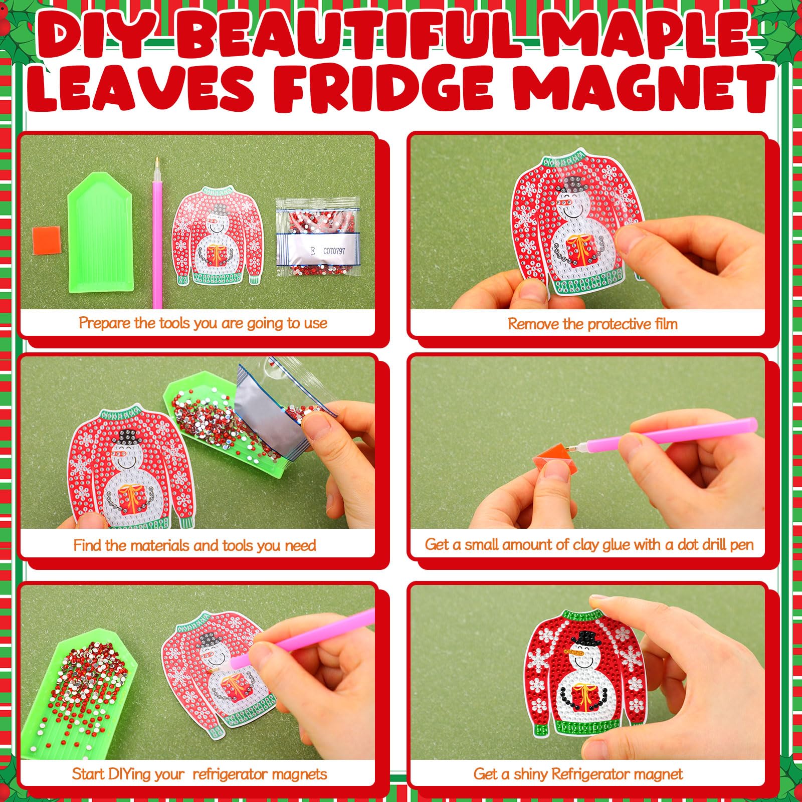 Motipuns 30 Pcs Christmas Magnetic Diamond Art Decor Holiday Ugly Sweater Diamond Magnets Kits Winter Fridge Magnet Refrigerator