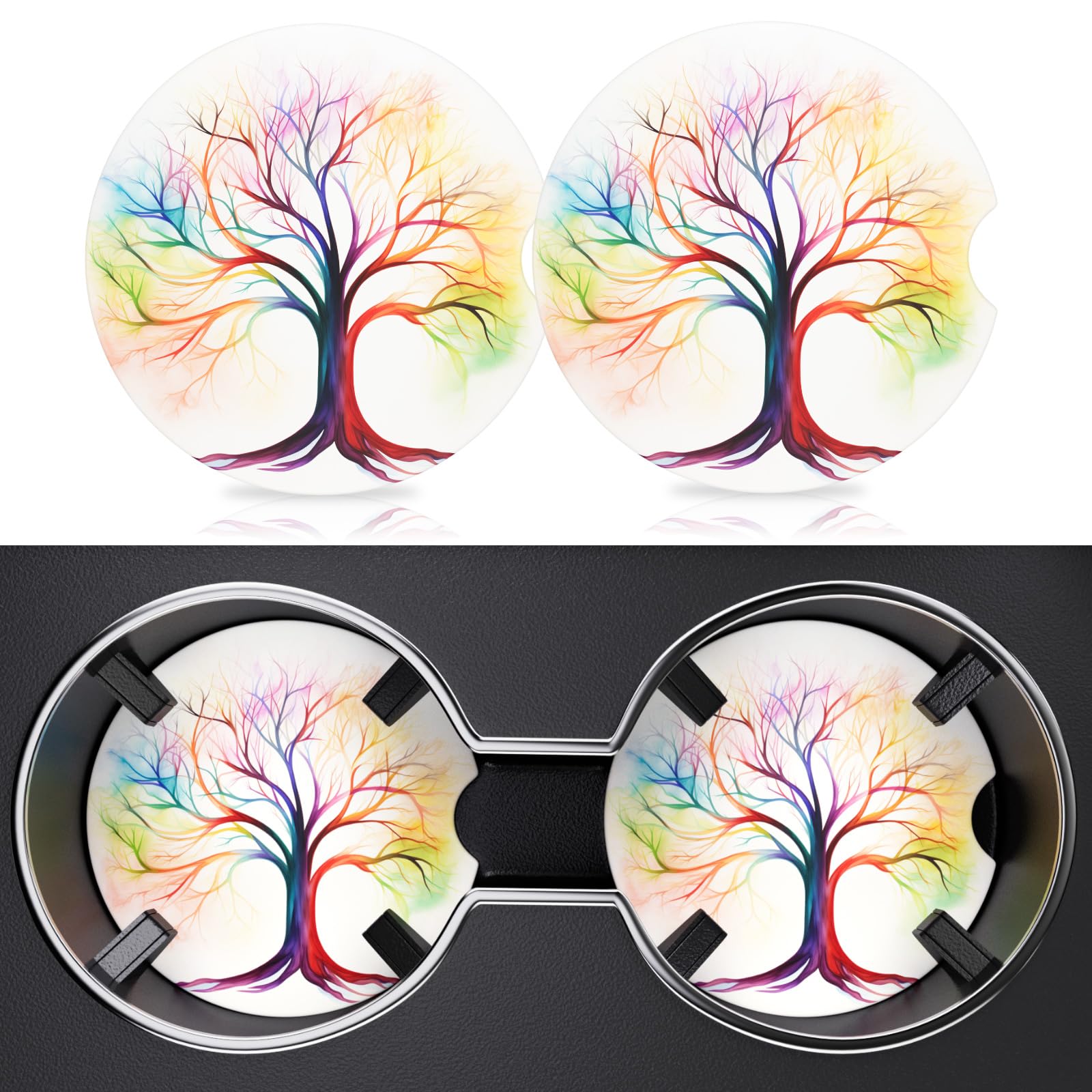 2 Pack Cup Holder Coaster, 2.63inch Anti Slip Insert Absorbent Ceramic Coaster With Cork Base and Finger Notch, Cute Car Accesso