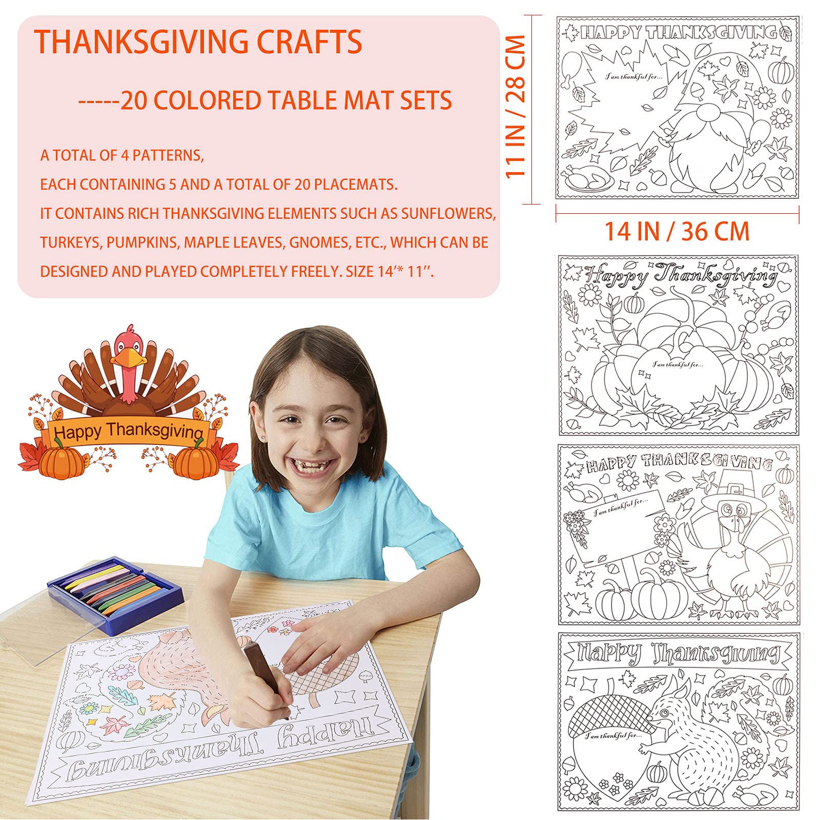 ?New? Thanksgiving Placemat For Kid, Table Mat Coloring Activity Paper Crafts To Write Thankful List By Children, 20* Sunflower