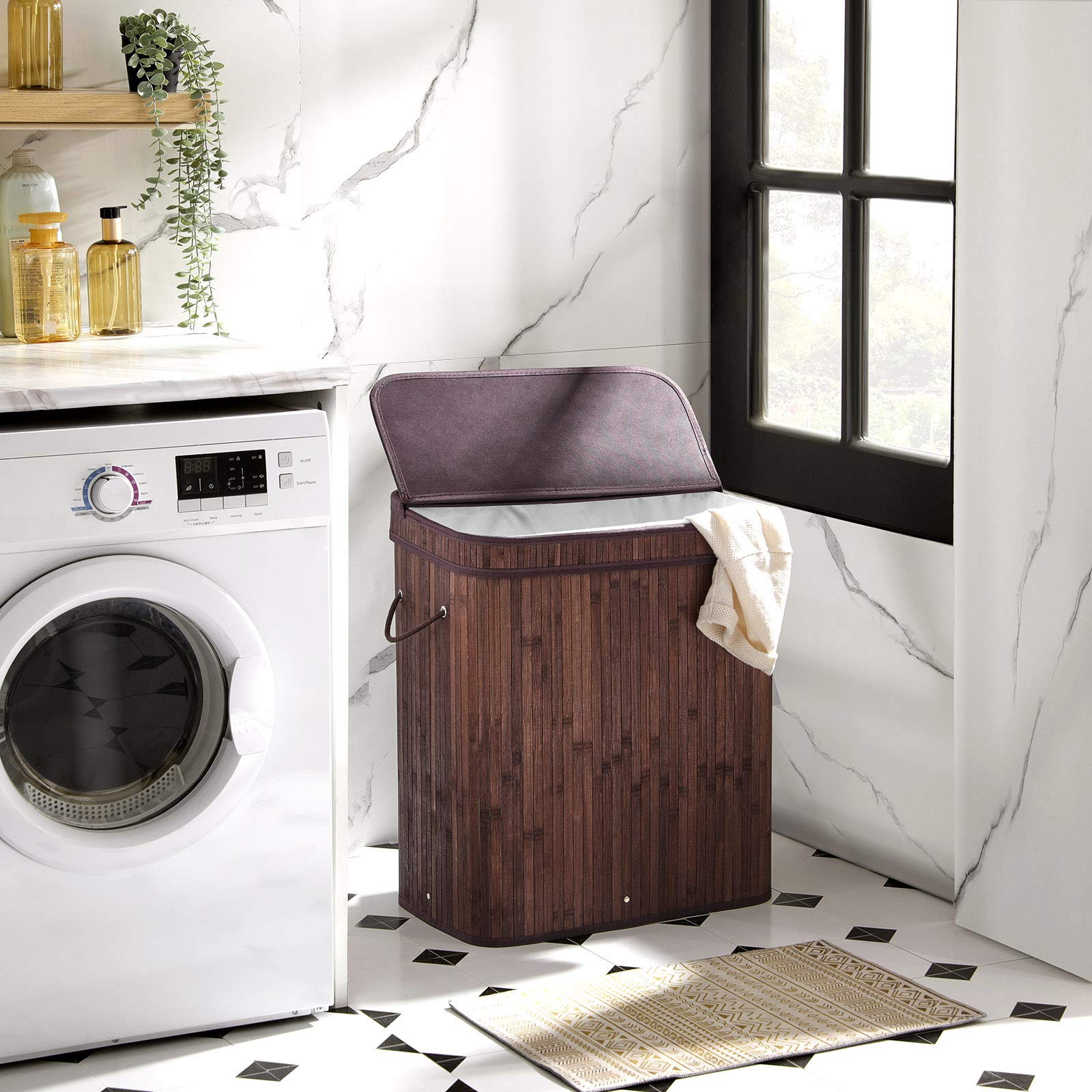 Songmics Laundry Hamper With Lid, Bamboo Launry Basket With Handles, Foldable Storage Basket For Laundry Room, Bedroom, 100L, Br
