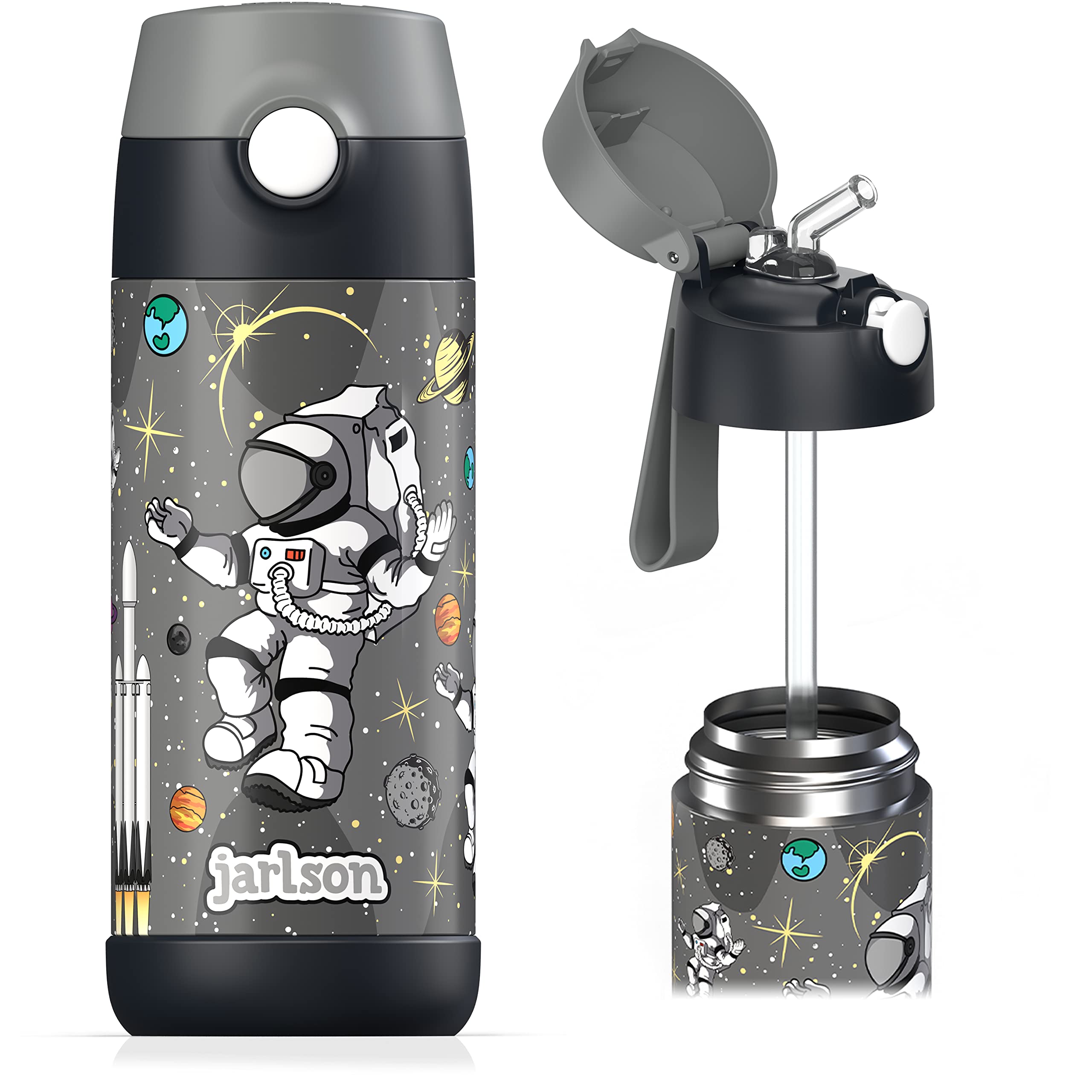 JARLSON kids water bottle with straw - CHARLI - insulated stainless steel water bottle - thermos - girls/boys (Astronaut Star,