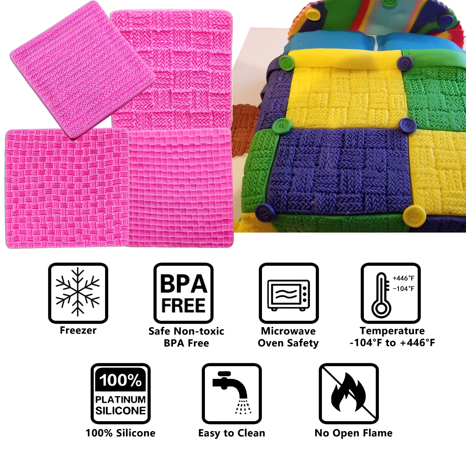 Muyulin Knitting Cake Molds, (4 Pack) Sweater Design Mat Silicone Fondant Molds Texture Stamp Mat For Birthday Cake Decorating C
