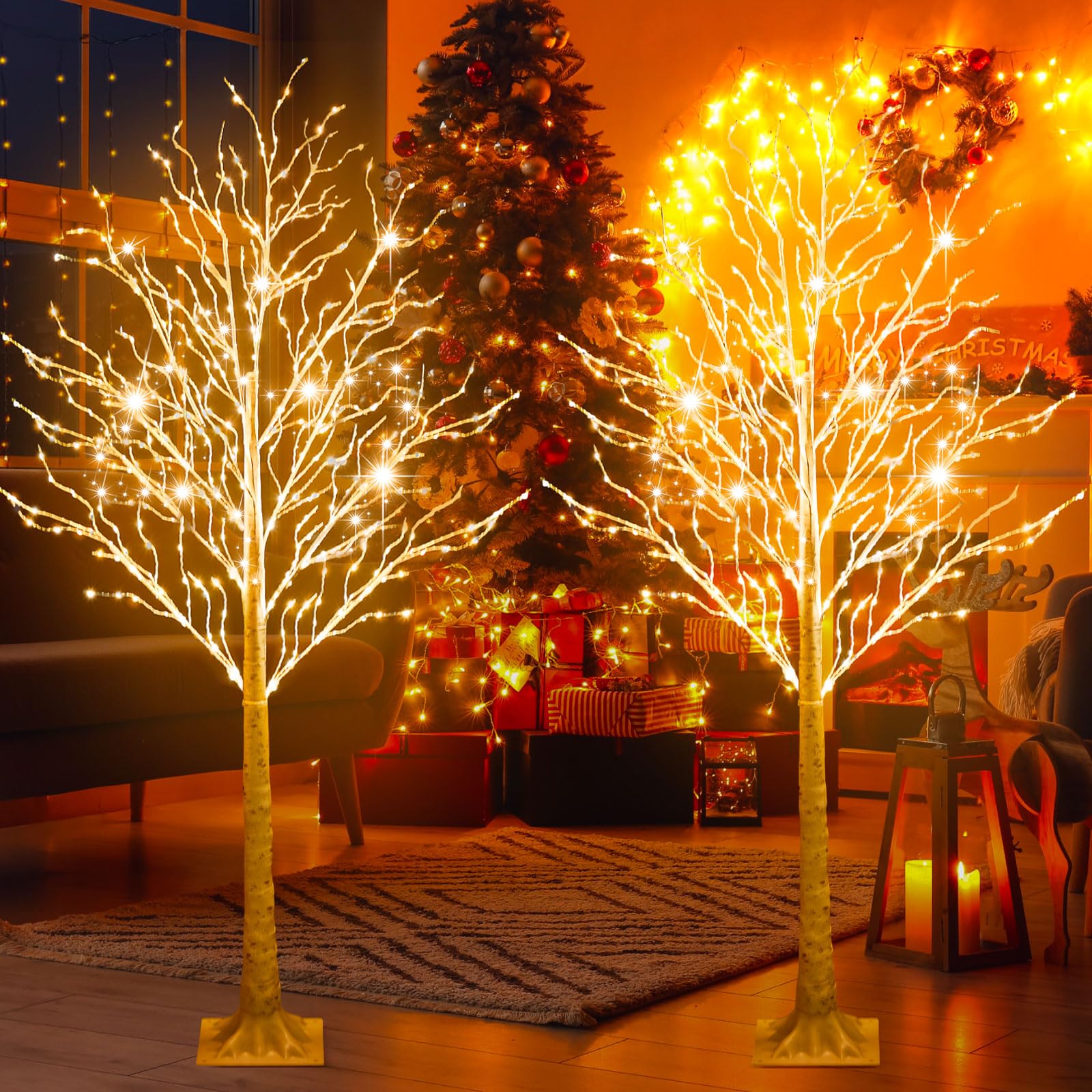 Aurelema 2 Pcs 6ft-400led Lighted Birch Tree 8 Modes Christmas Artificial LED Warm White Lights Birch Tree for Indoor and Outdoo