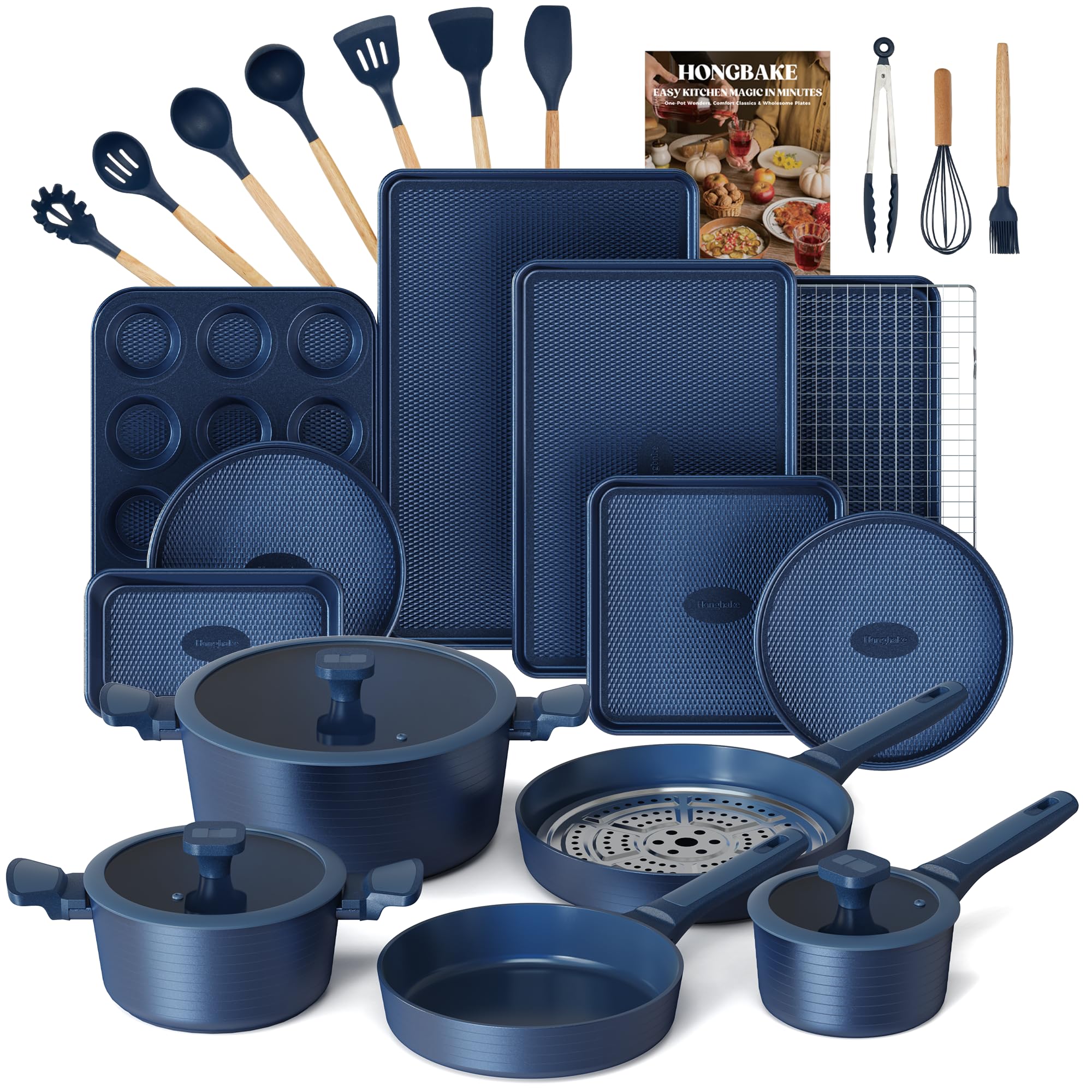 HONGBAKE Pots and Pans Set Nonstick, 26 Pcs AllinOne Kitchen Starter Set with Cookware, Bakeware & Silicone Utensils, Non Toxi