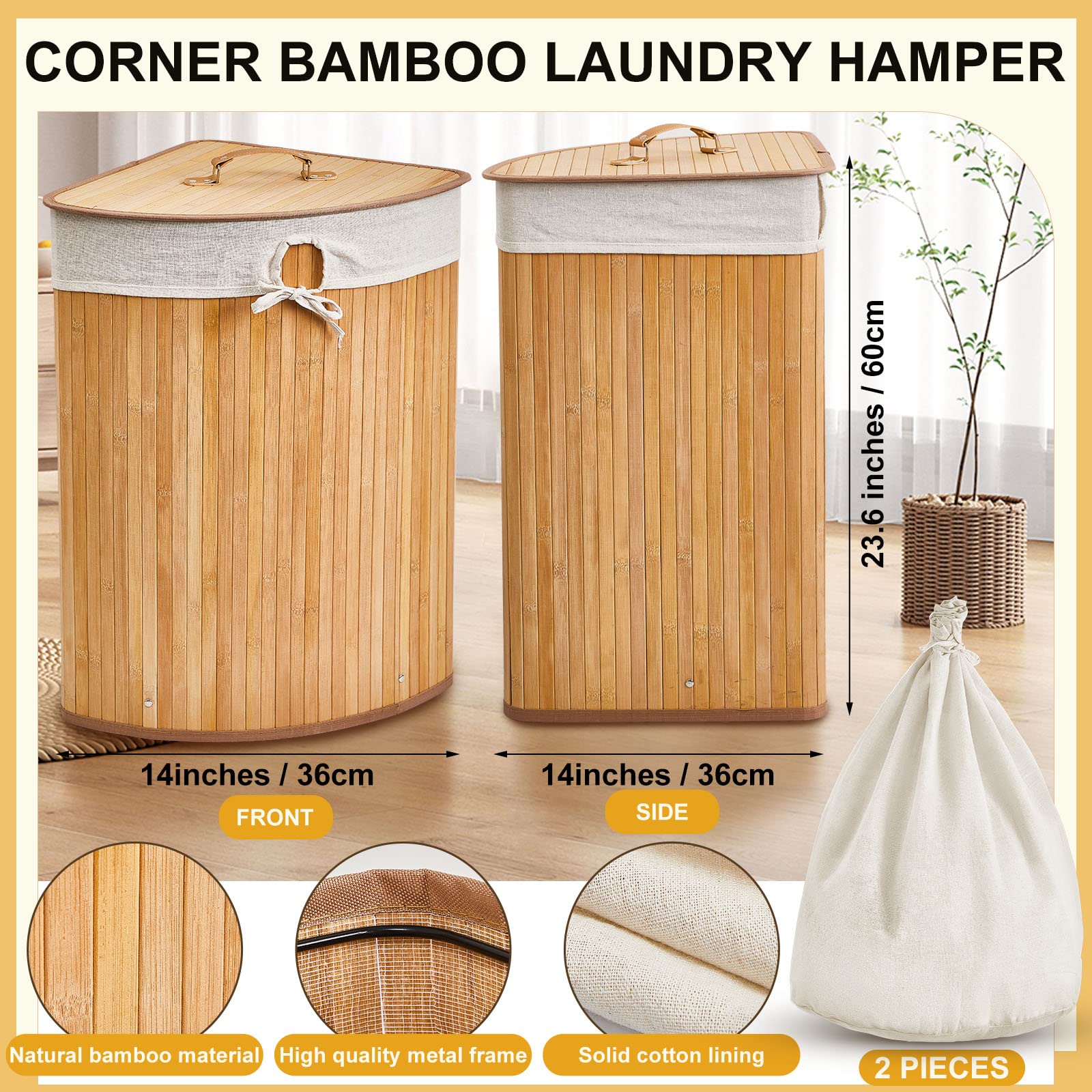 Corner Bamboo Laundry Hamper With Lid And Removable Liner Bamboo Laundry Basket With Handle Corner Hamper Bamboo Hamper Washing