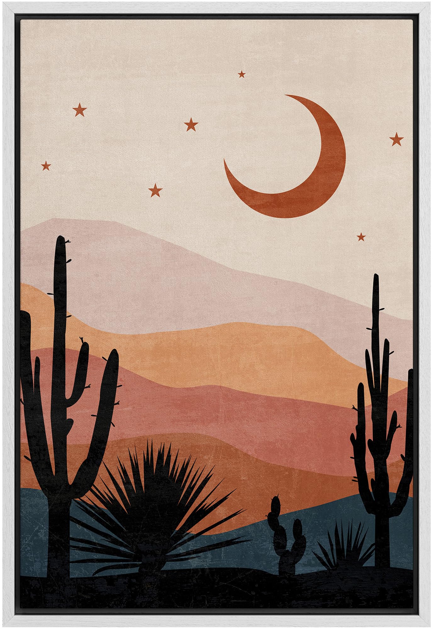 Signford Framed Canvas Print Wall Art Desert Night Sky With Crescent Moon And Stars Nature Wilderness Illustrations Modern Art D