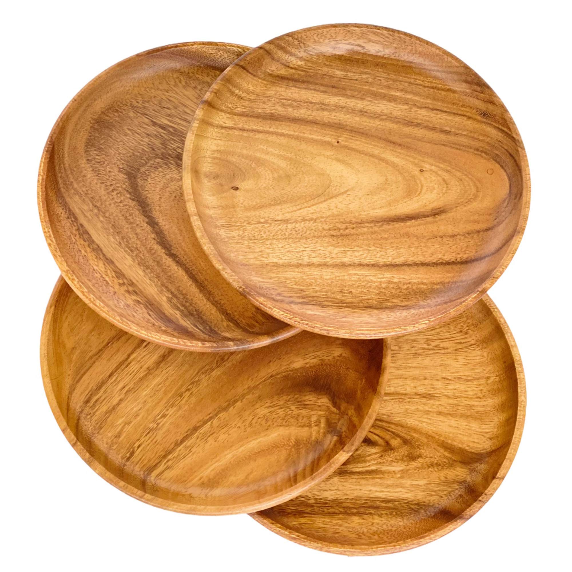 WRIGHTMART Set of 4 - 10 Inch Round Acacia Wood Dinner Plates - Solid Hardwood Wooden Plates for Steak, Pasta, Salad, BBQ, Charc