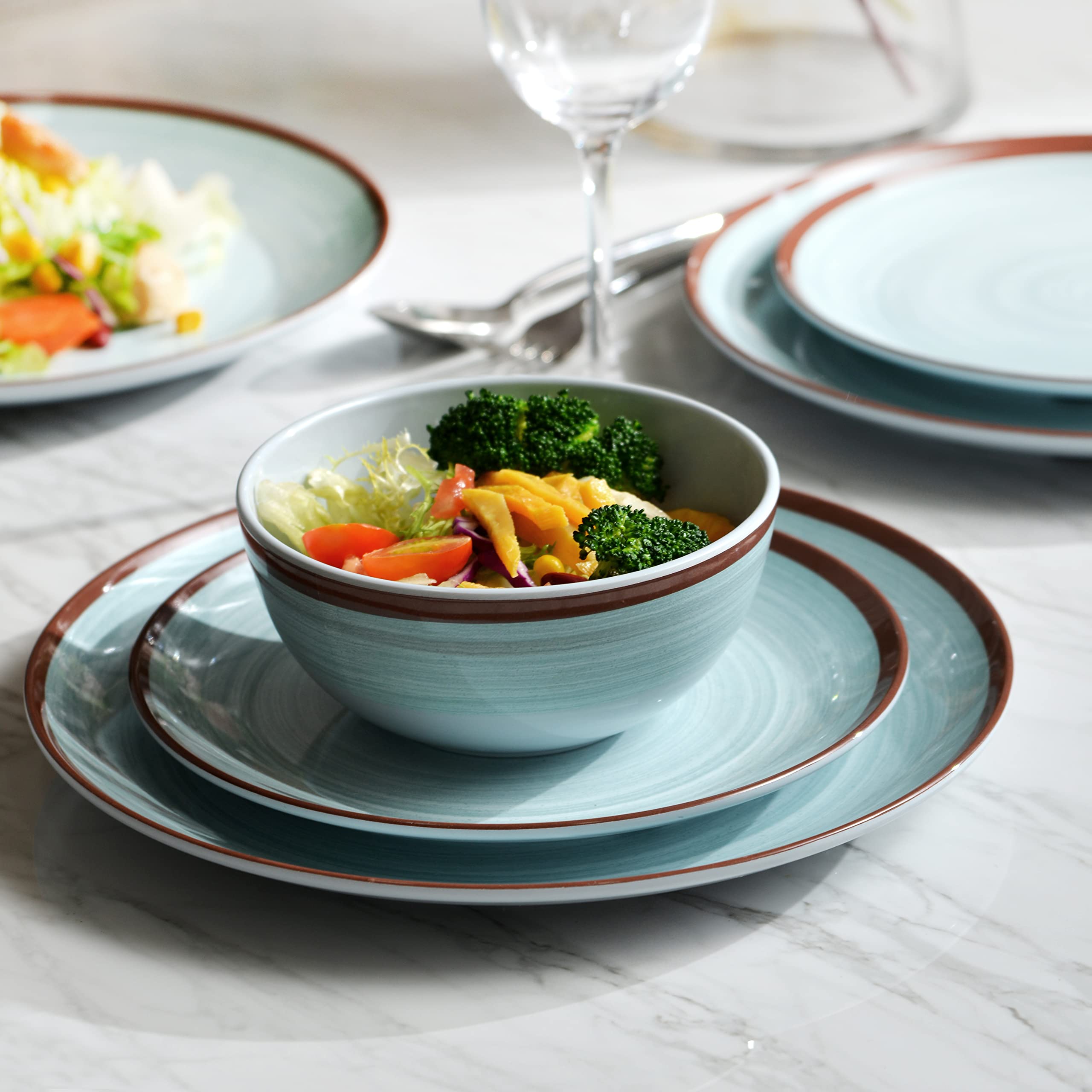 Melamine Dinnerware Set for 4, 12Pcs Dinnerware Sets, Mint Blue Plates And Bowls Sets Morden Dish Set Dishwasher Safe BPA Free(G