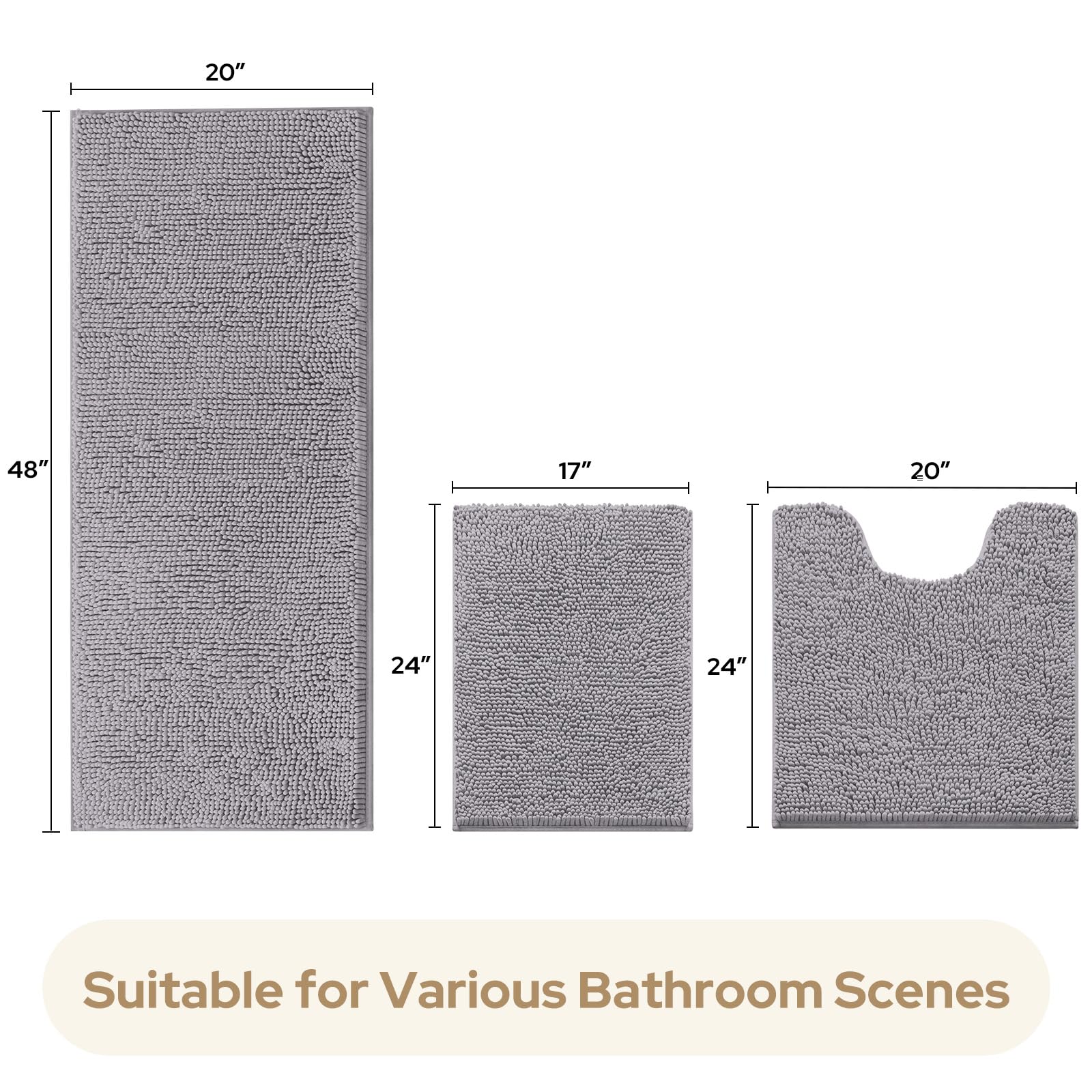 Homeideas 3 Pieces Bathroom Rugs, Extra Large Ultra Soft Non Slip Absorbent Chenille Toilet Bath Mat Set (Grey)