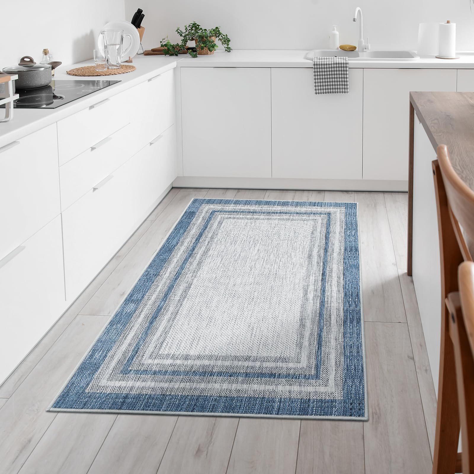 Beeiva Bordered Washable Entry Rug, Modern Printed 3x5 Area Rug Non Slip Indoor Rugs for Entryway, Blue Rug Non Shedding Entrywa