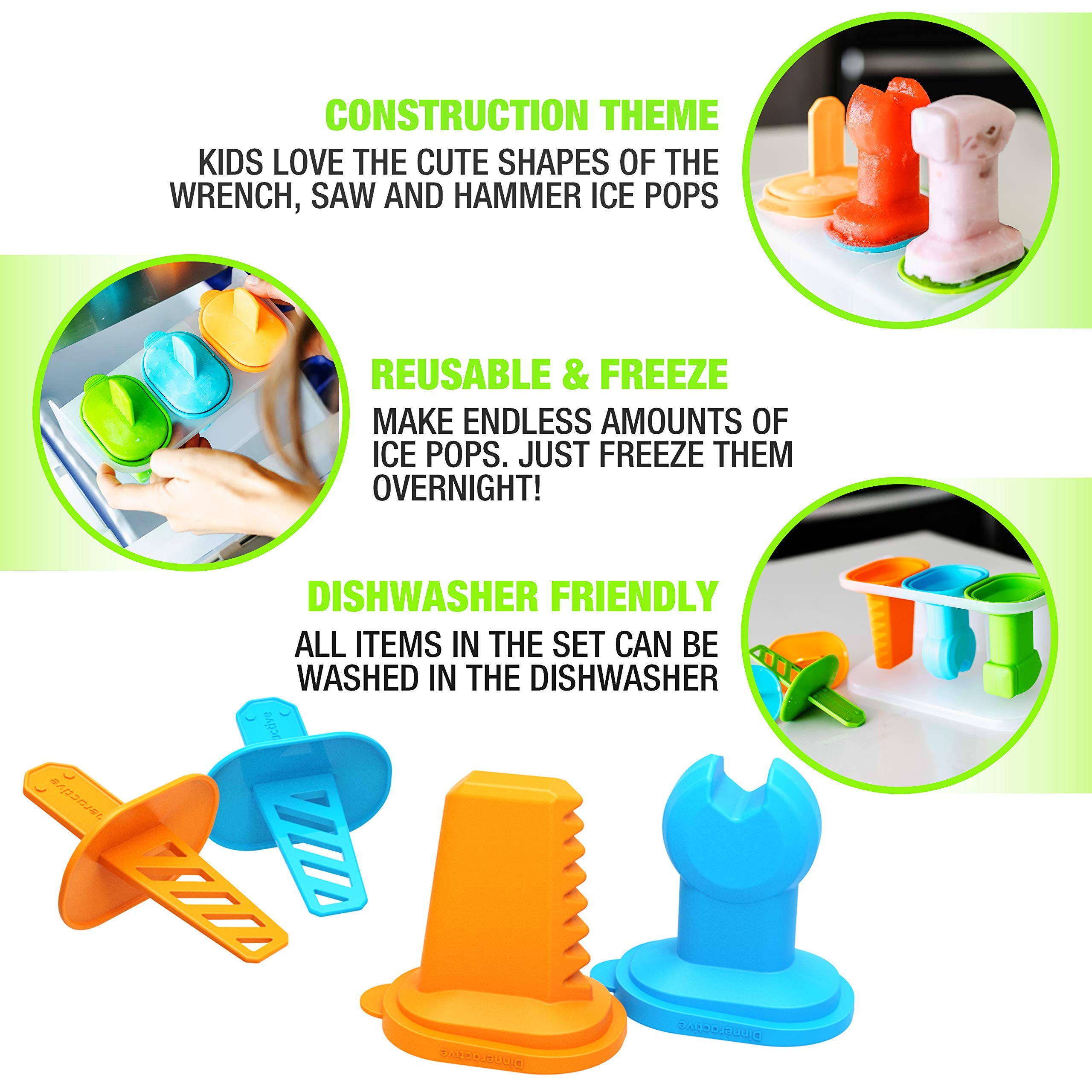 Dinneractive Play Pop Popsicle Molds - 3 Pc Tool Themed Set - Reusable Silicone Molds For Diy Popsicles For Kids