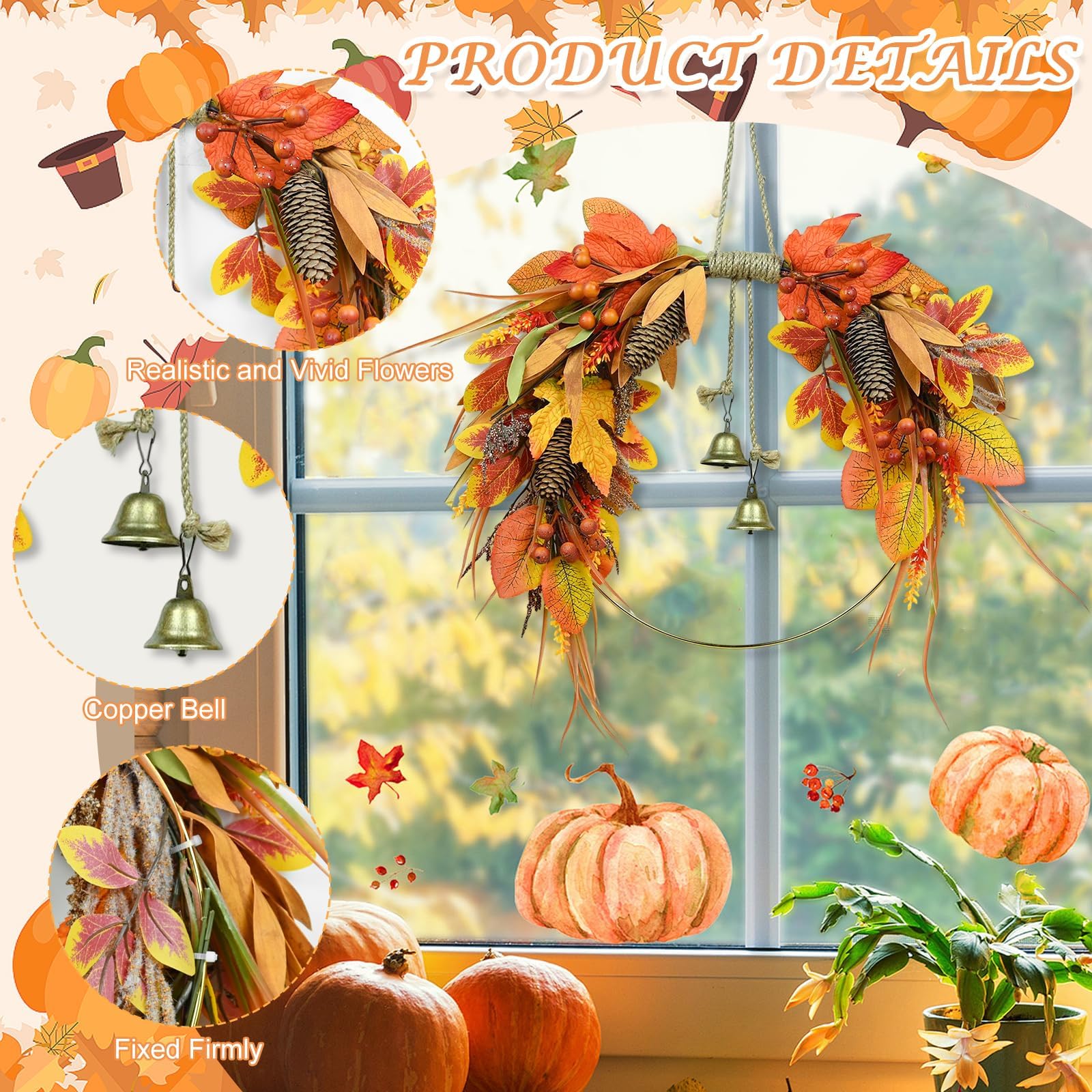 Thanksgiving Fall Wreath for Front Door 17 Inch Autumn Wreath Harvest Wreaths with Pine Cones Maple Leaves Berries Autumn Fall D