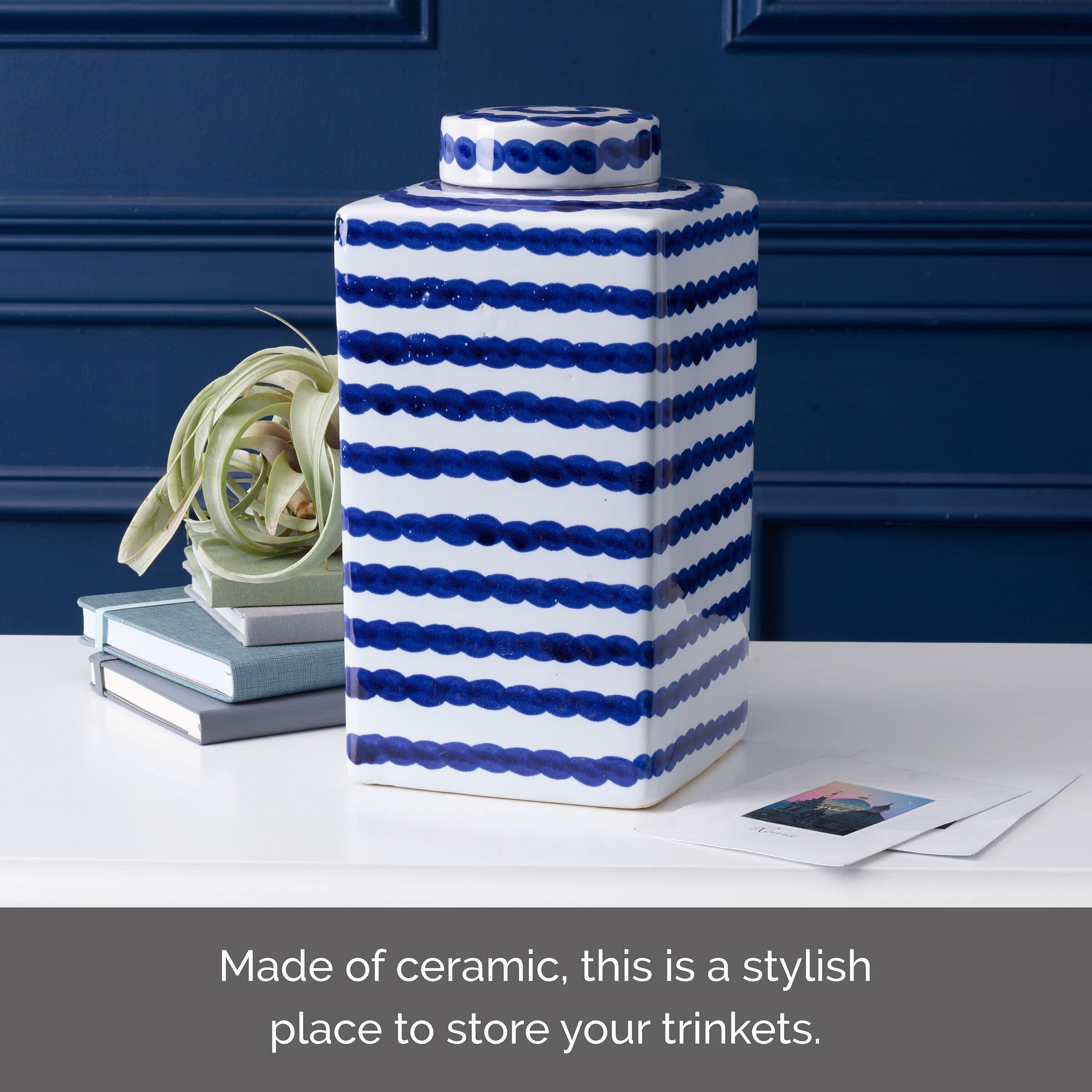 Mikasa Blue and White Paint Stroke Square Ceramic Ginger Jar, Store Small Household Items or Display Faux Florals