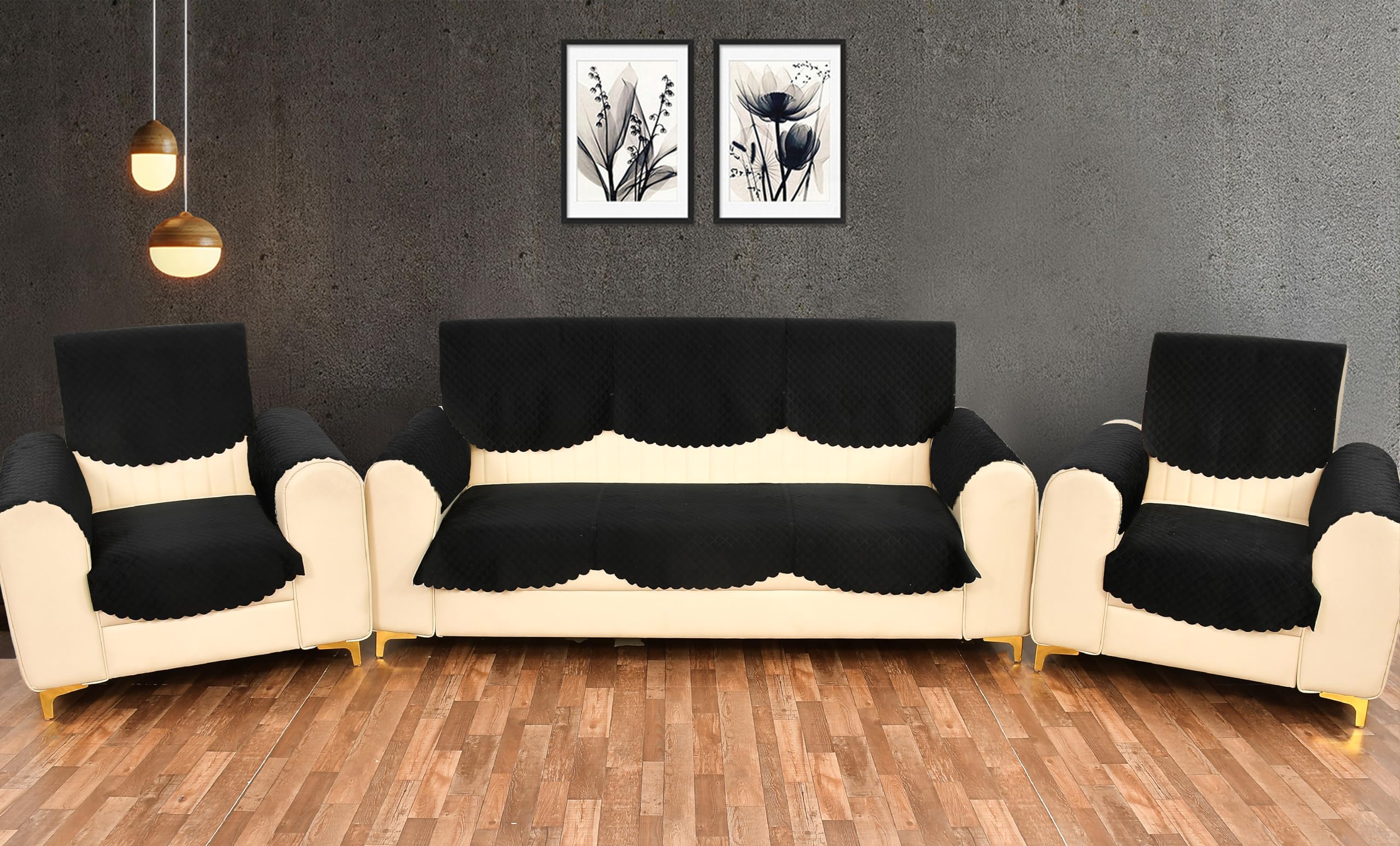 Yellow Weaves 5 Seater Self Design Quilted Sofa Cover And Chair Cover With Arm Cover, Seat & Back Cover, Color - Black